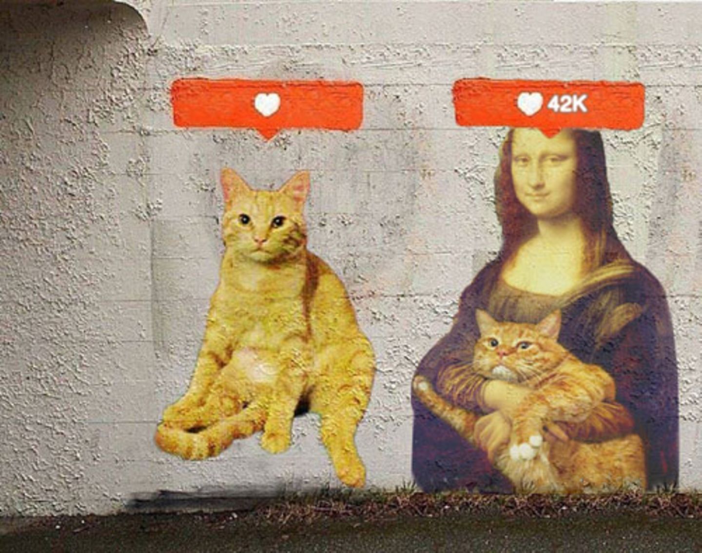 Das geht natürlich in beide Richtungen - "nur" eine Katze reißt ja auf Instagram keinen mehr vom Hocker. Aber einer Katze, die entspannt von der Mona Lisa getragen wird, fliegen die Herzen gleich tausendfach zu.