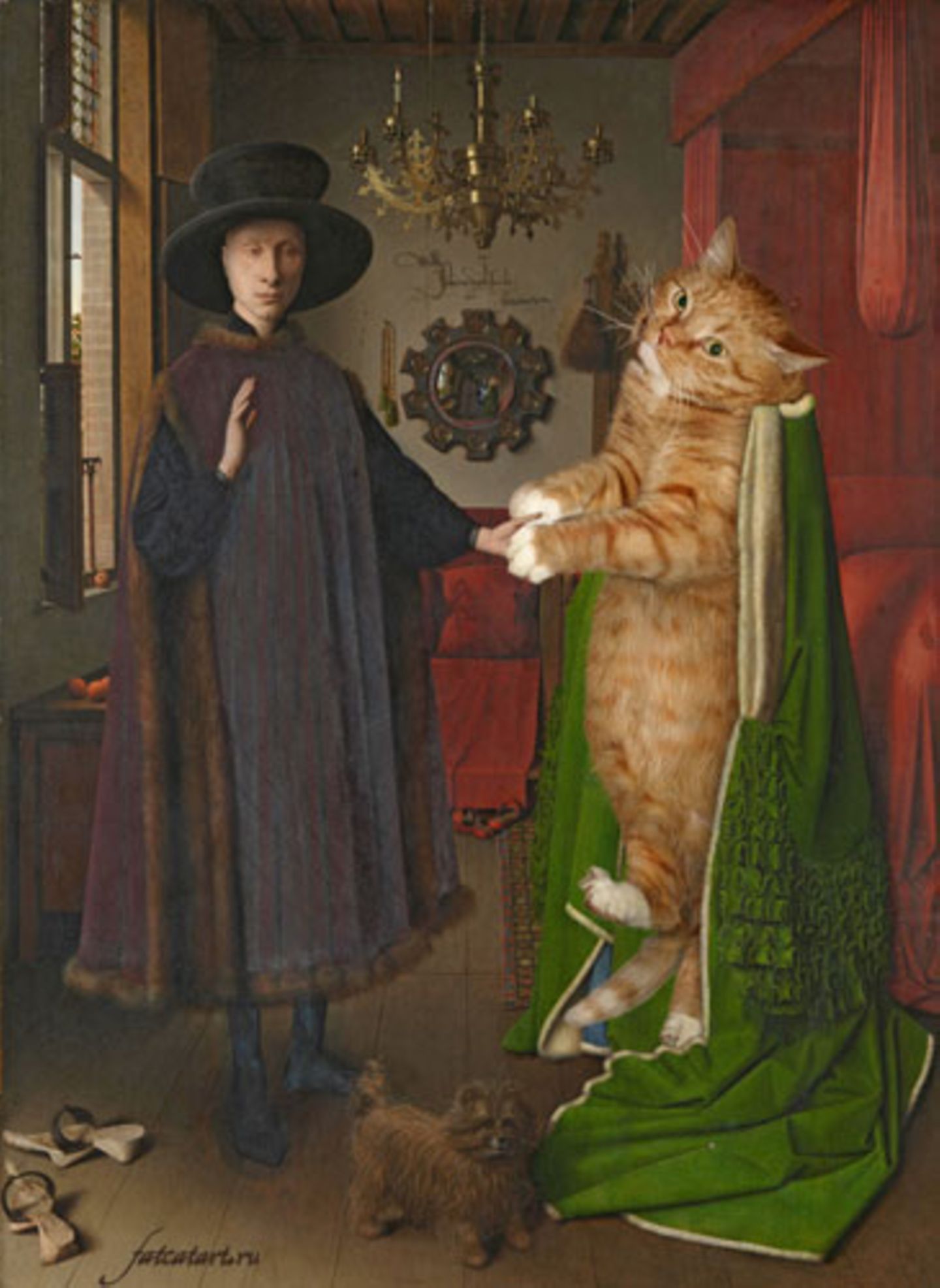 In der "Arnolfini-Hochzeit" des flämischen Malers Jan van Eyck gewinnt der kleine Hund unten eine ganz neue Bedeutung - er ist vermutlich in dieser Fassung weniger von der Braut begeistert.