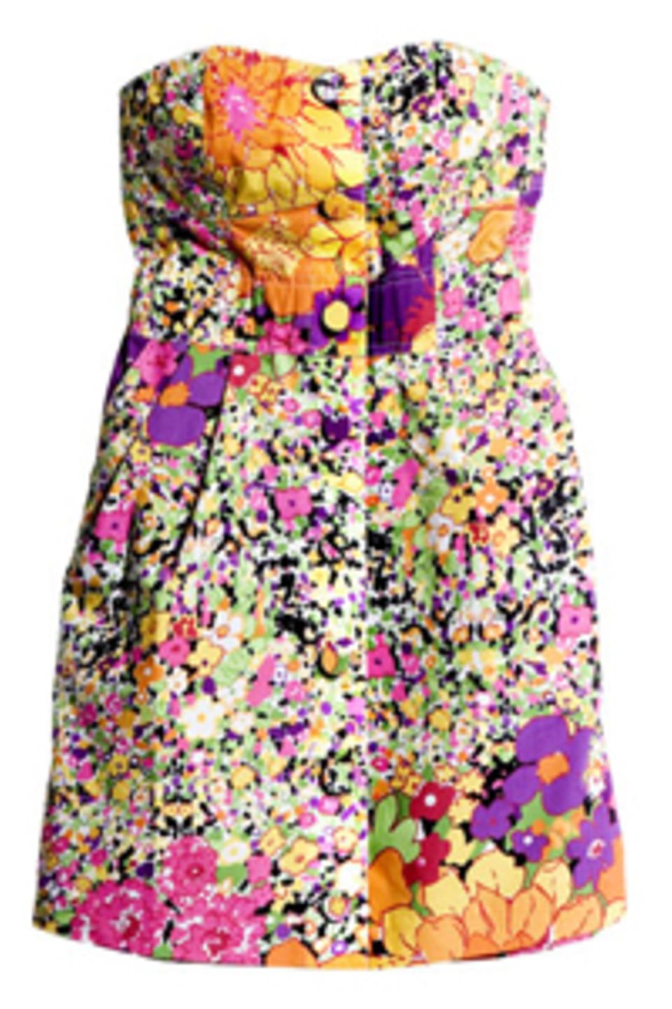 Trägerloses Minikleid mit buntem All-Over-Blumenprint von H&M, um 34,90 Euro Trägerloses Minikleid mit buntem All-Over-Blumenprint von H&M, um 34,90 Euro