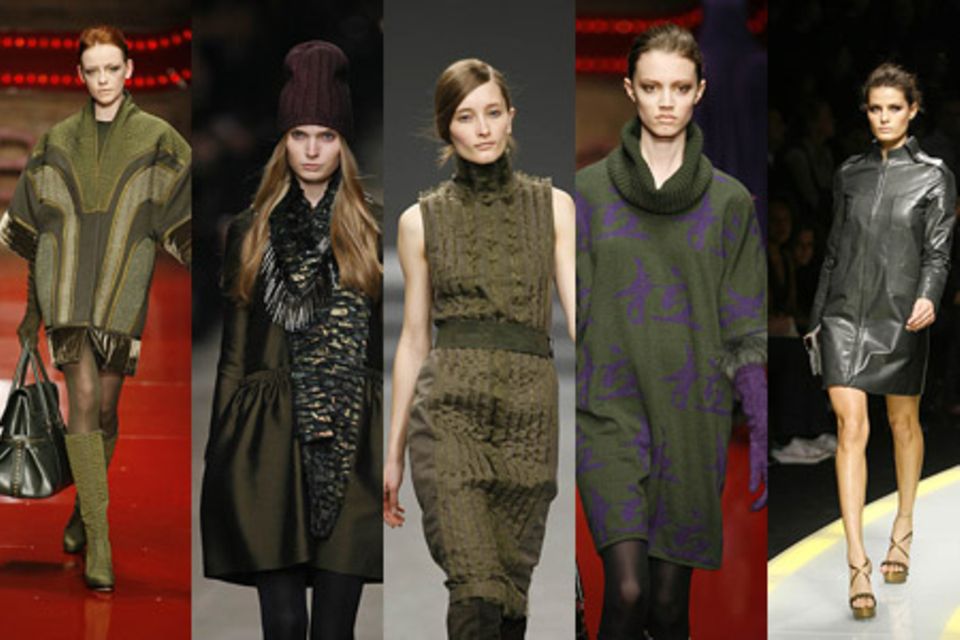 Laufsteg-Looks (v.l.n.r.) von Laura Biagiotti, Burberry, Akris, Laura Biagiotti und Versace.