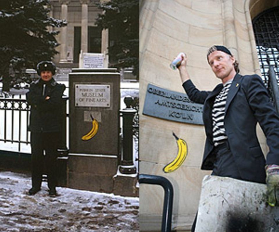 Baumgärtel vor dem Puschkin-Museum in Moskau 1996; Markierung des Oberlandesgerichts Köln mit der Spraybanane am 12.5.06