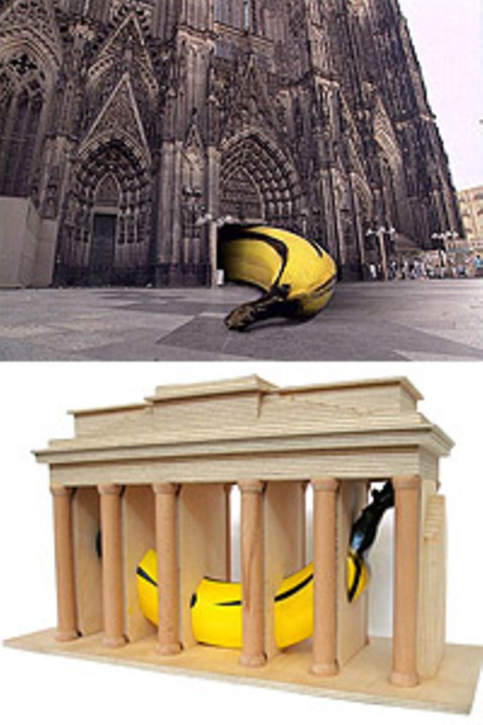 oben: "Wir lieben die Hohe Kirche", Aktion vor dem Hauptportal des Kölner Doms zum 750jährigen Jubiläum, 1998; unten: Thomas Baumgärtel: "Banane im Brandenburger Tor", Projekt für Berlin, maßstabsgetreues Modell oben: "Wir lieben die Hohe Kirche", Aktion vor dem Hauptportal des Kölner Doms zum 750jährigen Jubiläum, 1998; unten: Thomas Baumgärtel: "Banane im Brandenburger Tor", Projekt für Berlin, maßstabsgetreues Modell