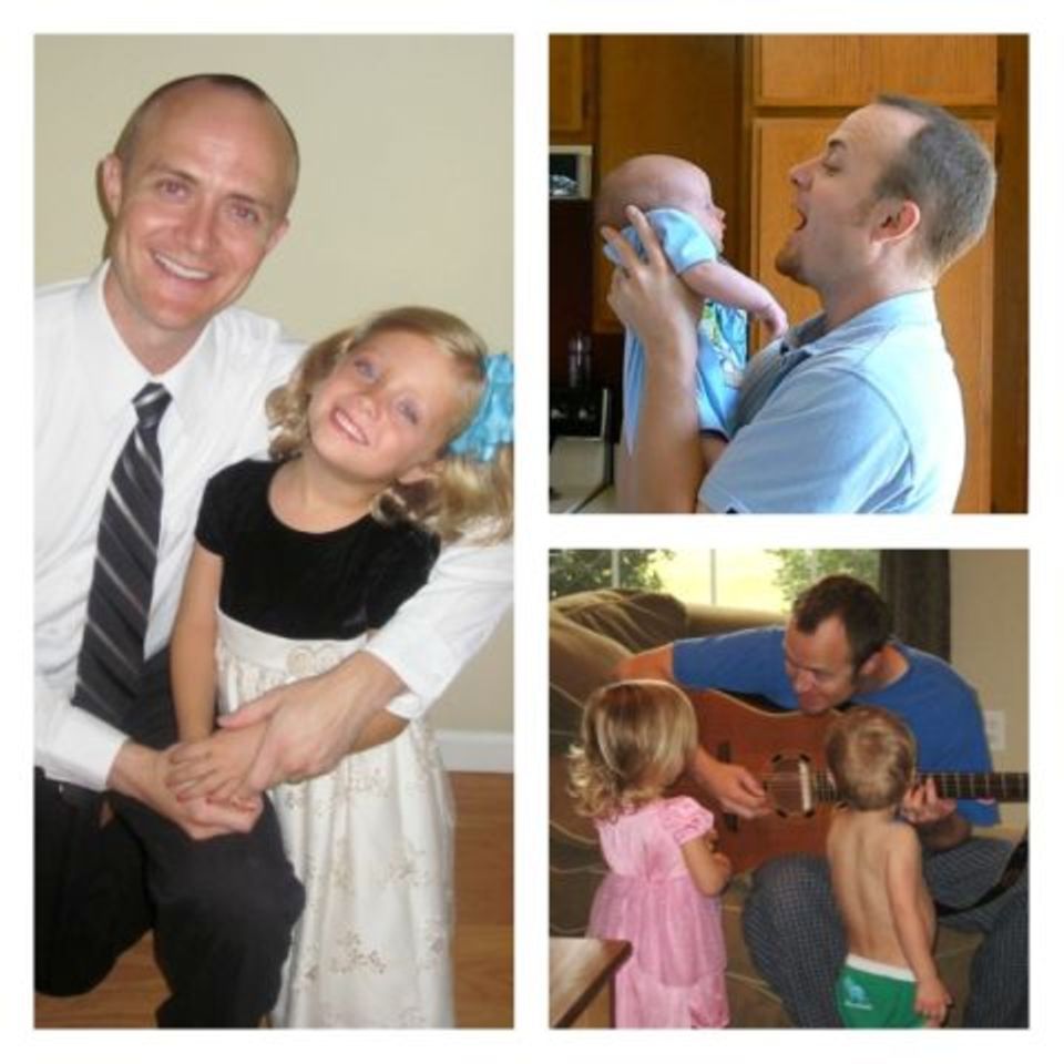 Im Uhrzeigersinn von links: Jason mit Mya, mit Matthew, singend mit beiden Kindern.
