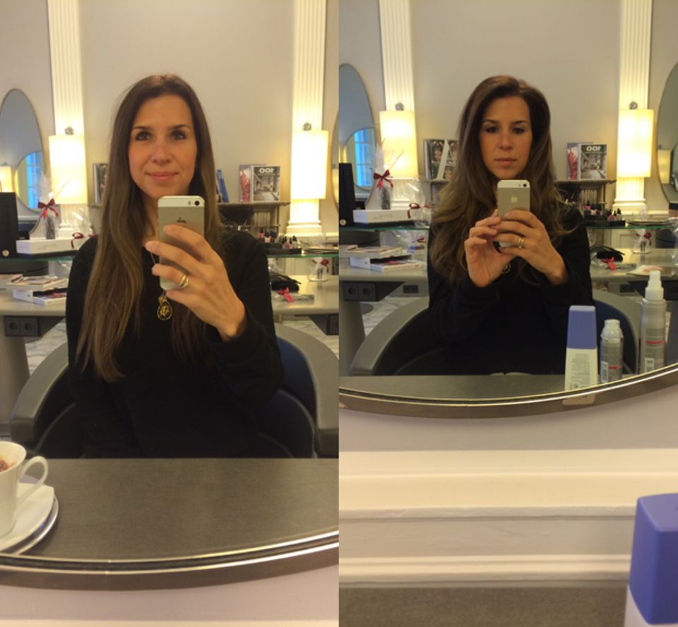 Der Vorher-Nachher-Vergleich: Aus glatten Haaren werden Glamour-Wellen. Der Vorher-Nachher-Vergleich: Aus glatten Haaren werden Glamour-Wellen.