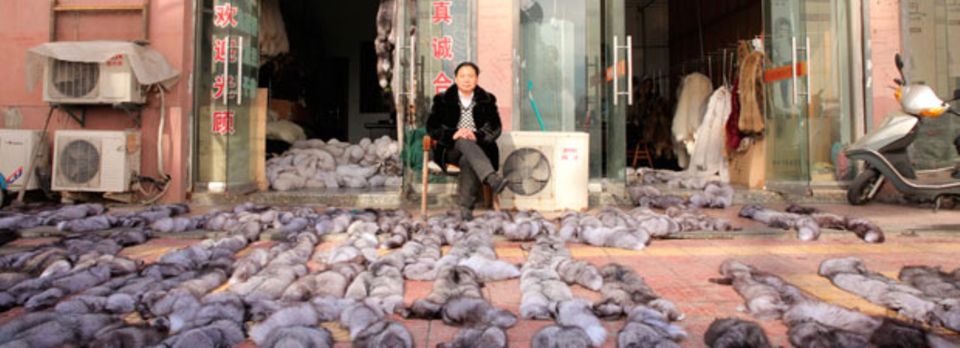 Ein chinesischer Pelzhändler vor seinem Laden