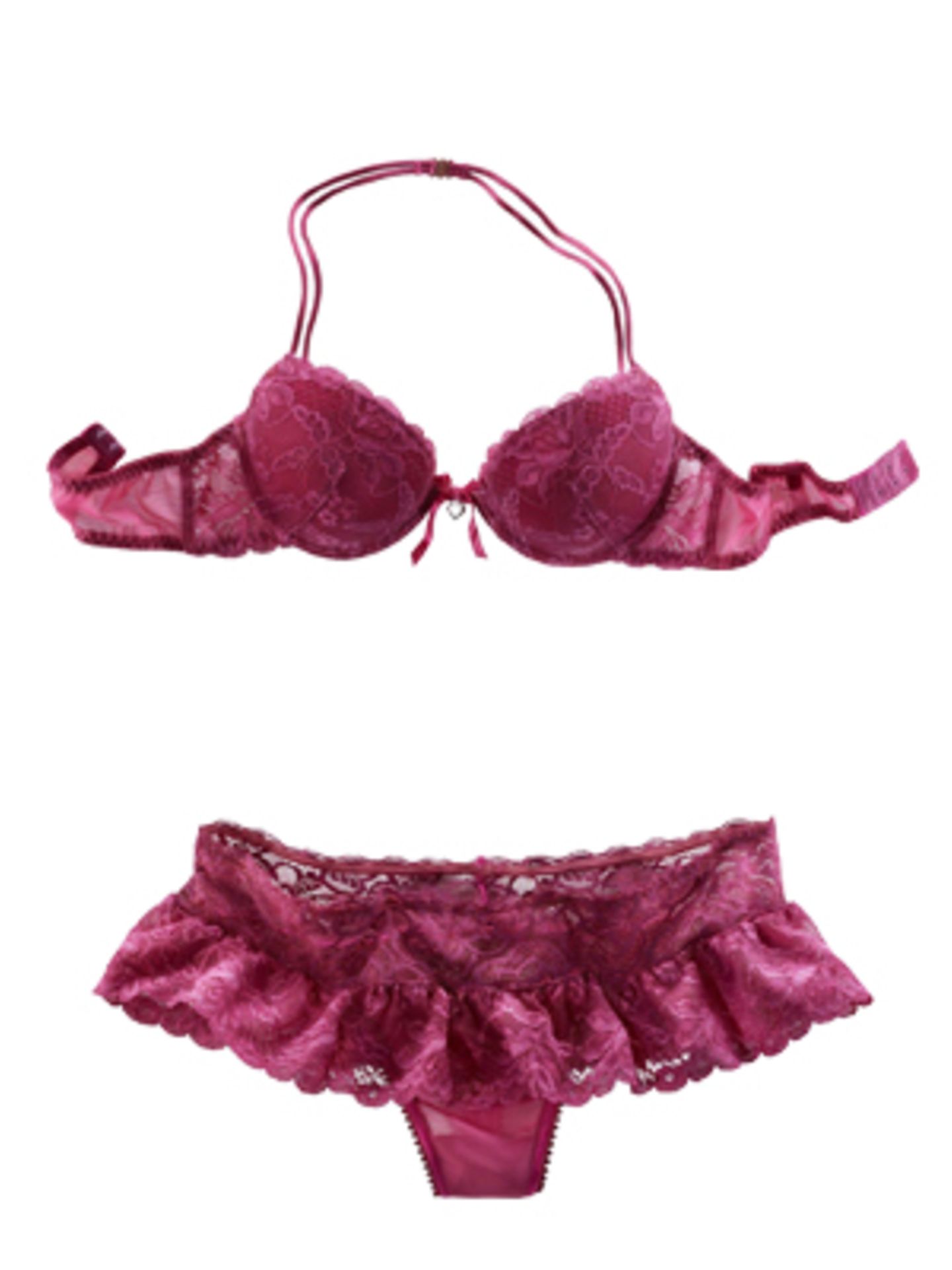 Pinkfarbenes Set aus Push-Up-BH und Panty mit Rüschen von Lascana. BH um 15 Euro, Slip um 20 Euro.