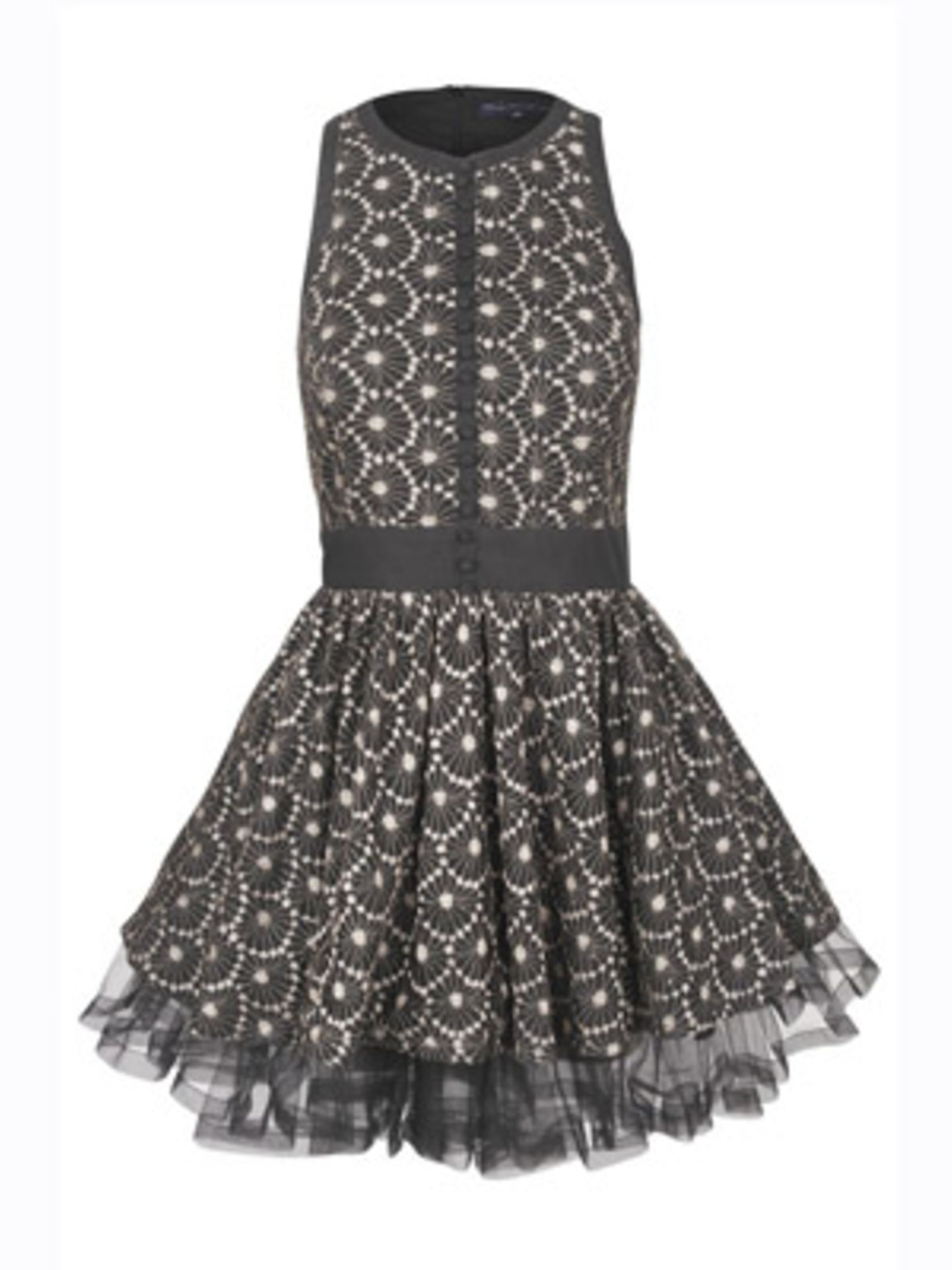 Ärmelloses Kleid im 60er-Stil mit Knopfleiste und Tüll von French Connection, um 180 Euro.