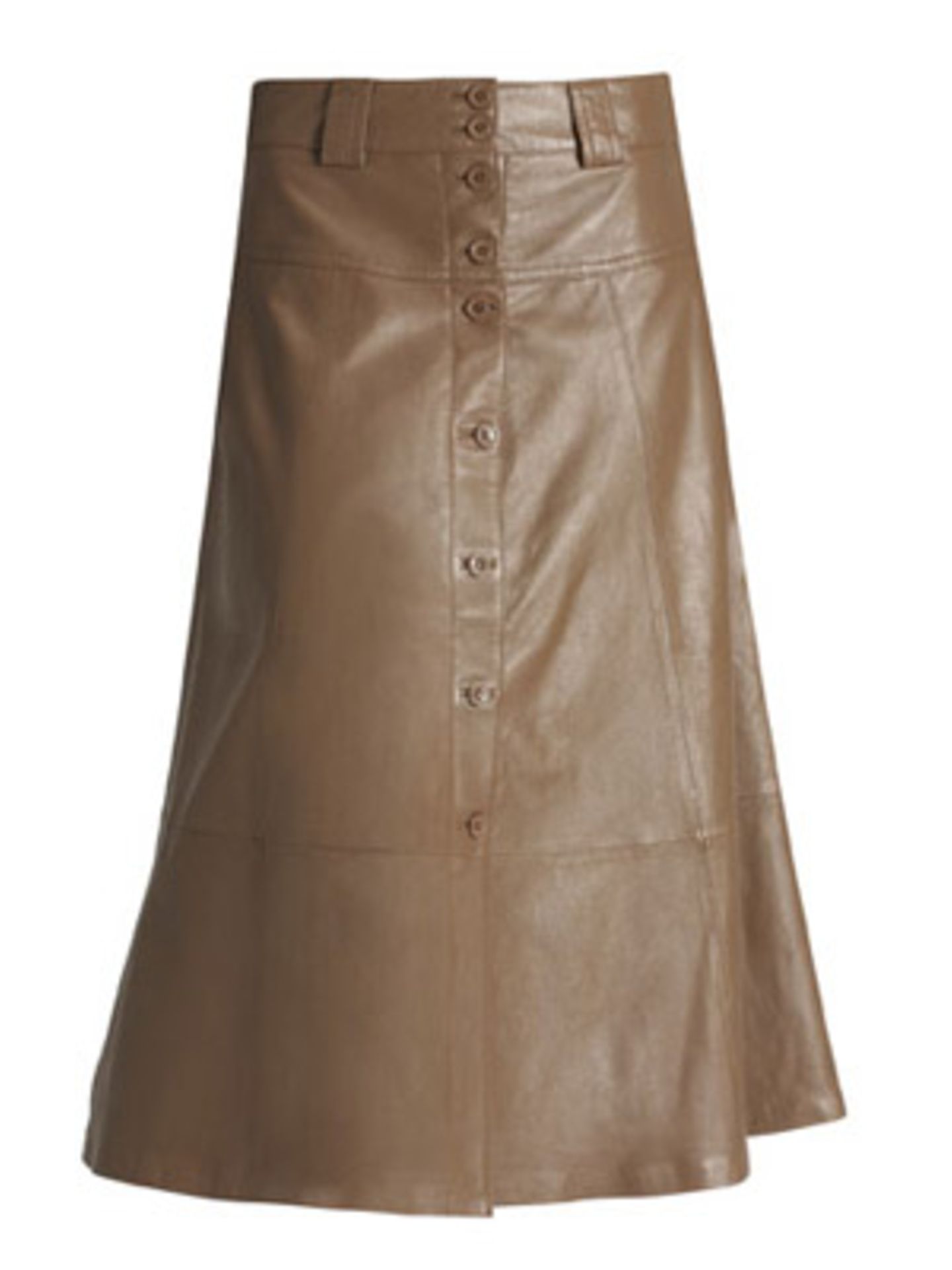 Knöchellanger, leicht ausgesteller Lederrock in hellem Braun mit Knöpfen von H&M, um 100 Euro.