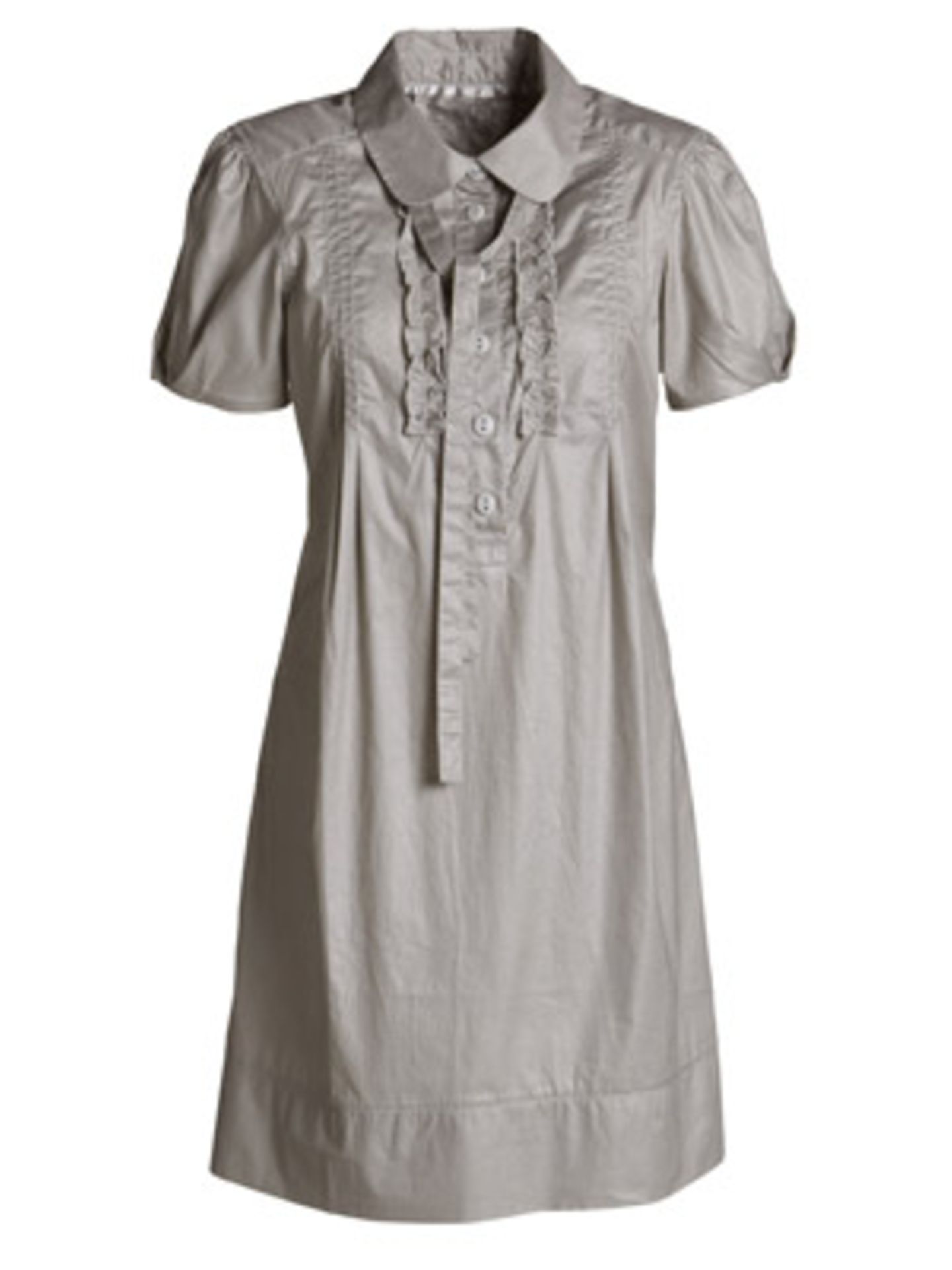 Blusenkleid mit Rüschen und Schleife am Kragen in einem warmen Grauton von edc by Esprit, ca. 50 Euro.