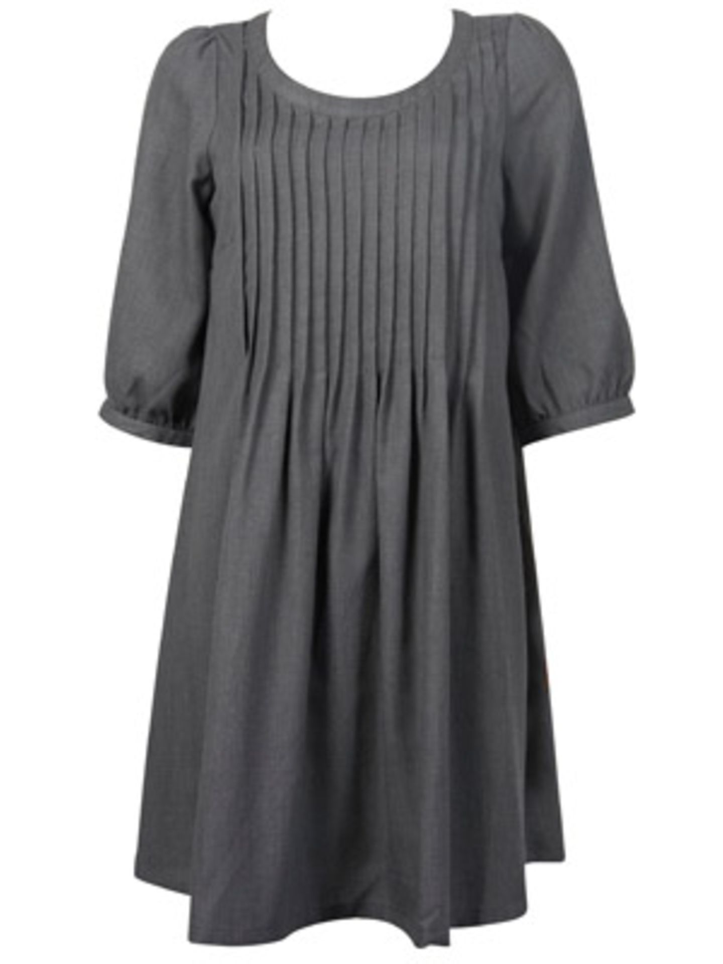 Graues Kleid mit halbem Arm und Plissées am Rundhalsausschnitt von Vero Moda, ca. 50 Euro.