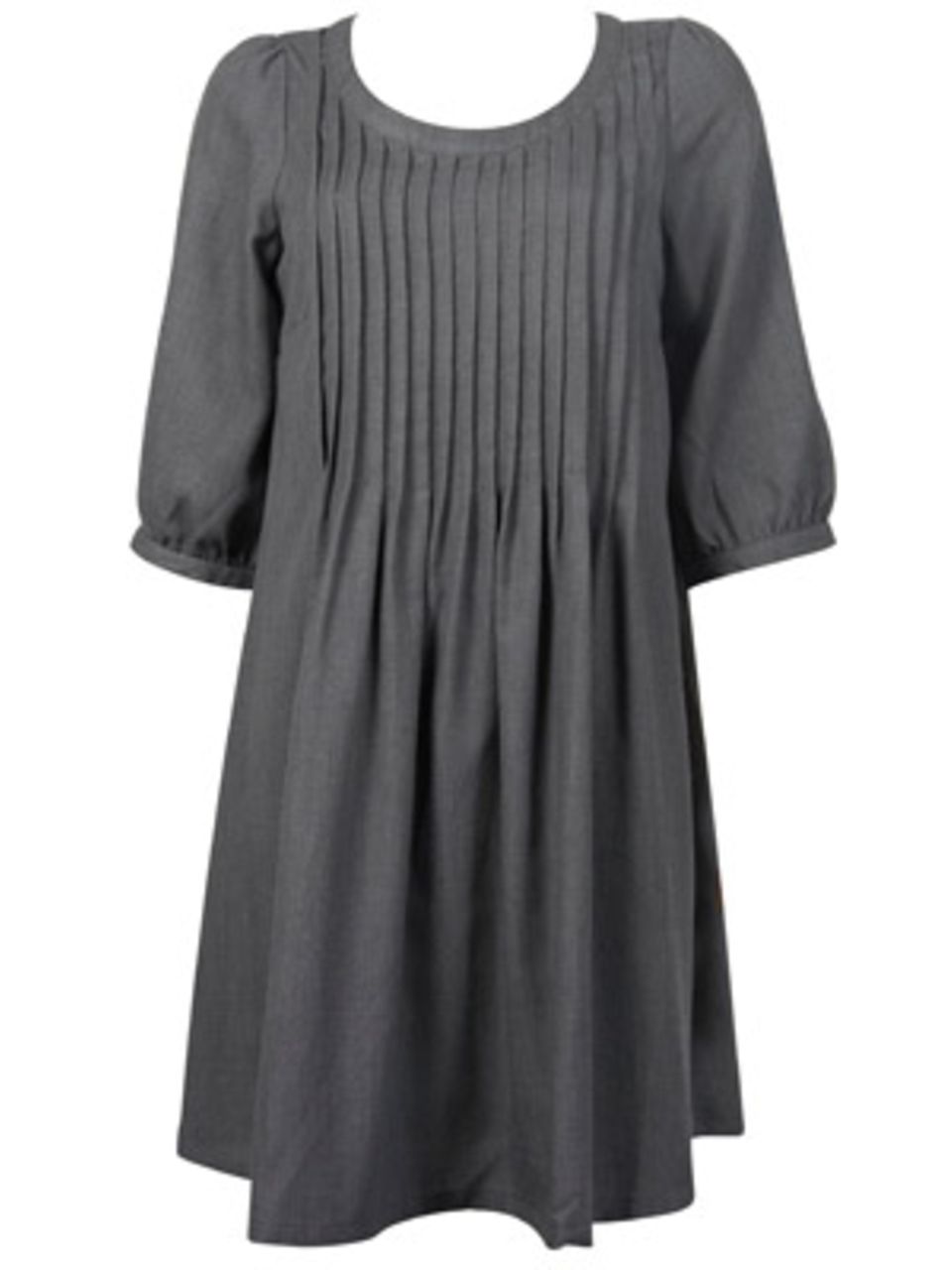 Graues Kleid mit halbem Arm und Plissées am Rundhalsausschnitt von Vero Moda, ca. 50 Euro.