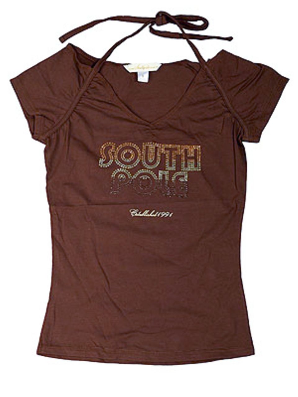 Braunes Shirt mit mit knotbaren Spaghettiträgern und Logoapplikation auf der Brust; 29,95 Euro; von Southpole