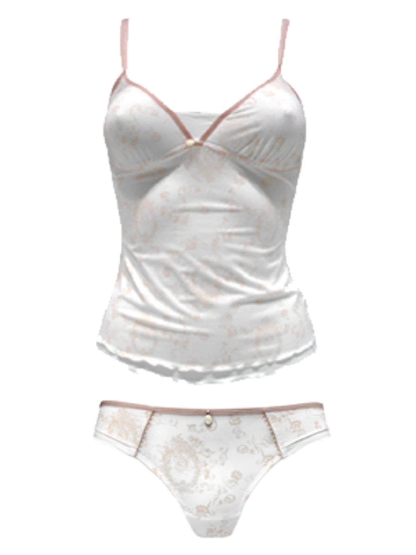 Hemdchen und Slip in weiß mit Retro-Audruck und Detail in zartem Altrosa von Esprit. Top um 22,95 Euro, Slip ca. 12,95 Euro.