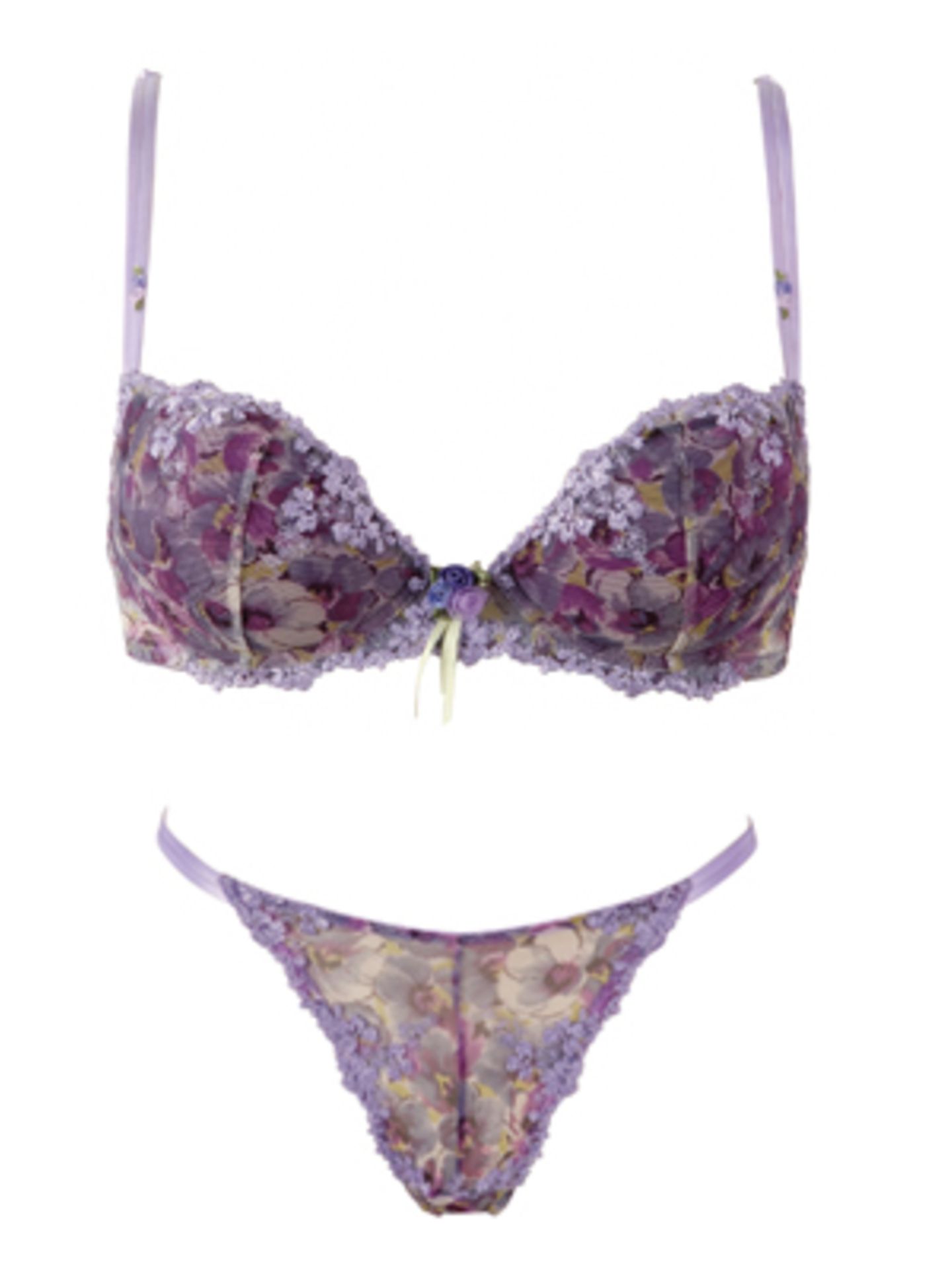 Violetter Bügel-BH und String mit Blumenmuster von Lejaby. BH ca. 67,95 Euro, String um 32,95 Euro.
