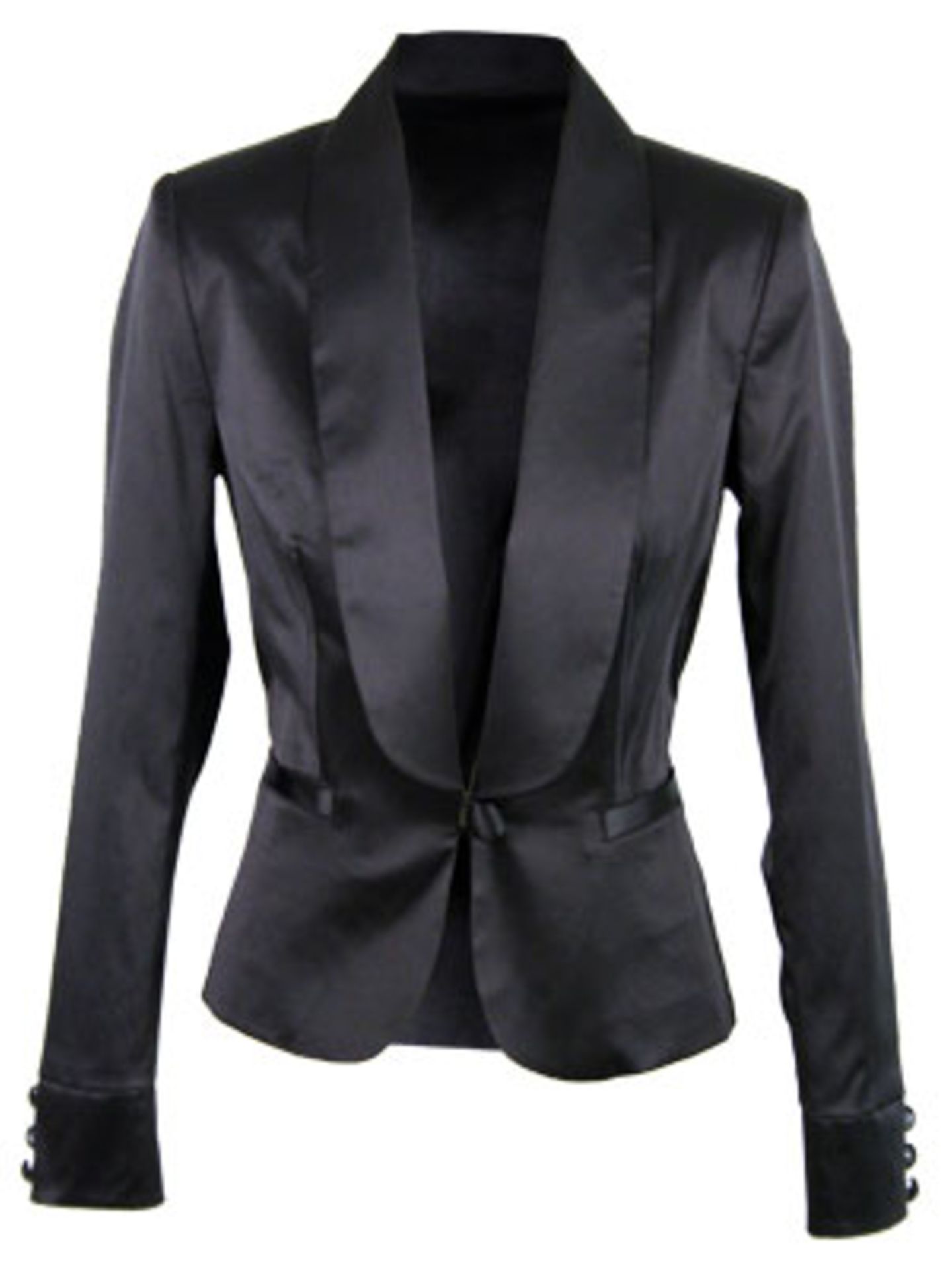 Taillierter Blazer mit Schalkragen aus glänzendem Material von Zara, um 50 Euro.