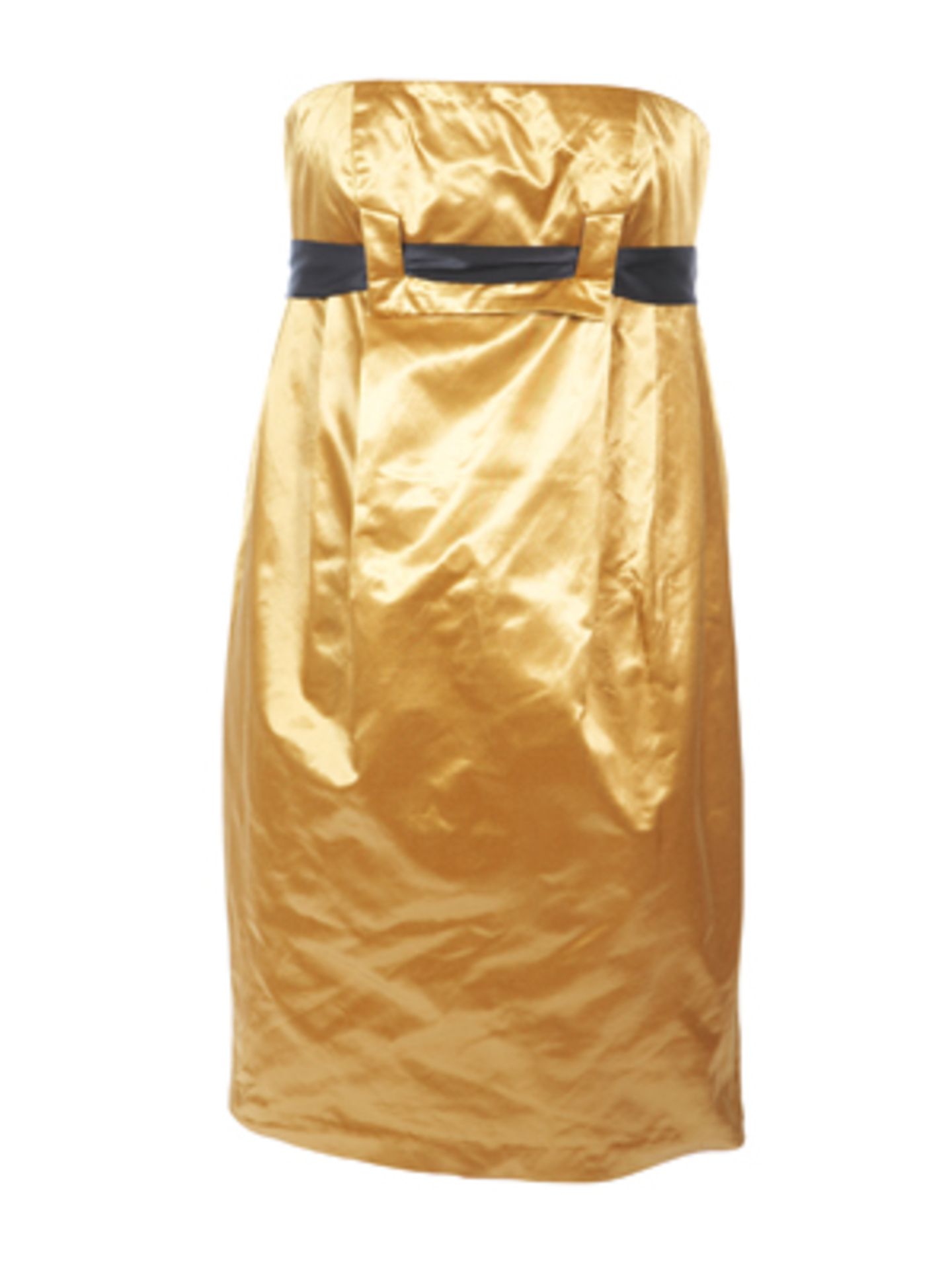 Trägerloses Kleid in metallischem Gold mit Taillengürtel von Selected, um 100 Euro.