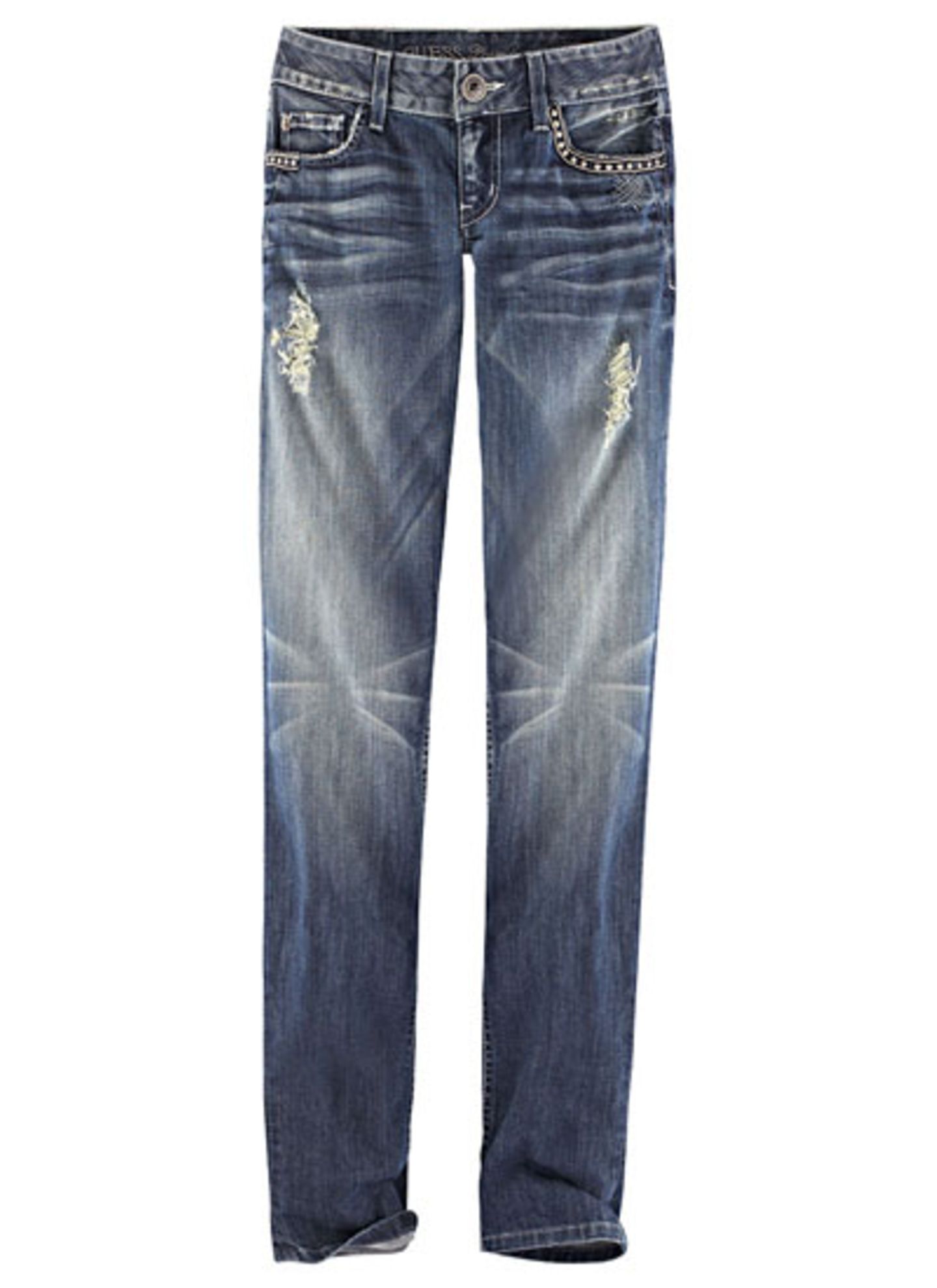 Dunkle Jeans mit Used-Elementen von Guess, über Impressionen, um 170 Euro.