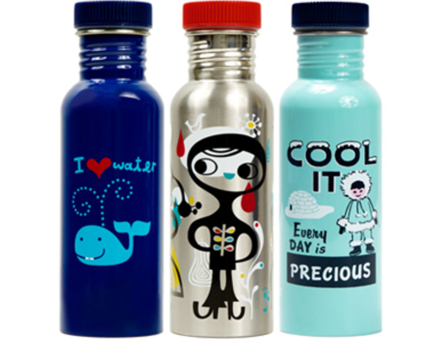 Wasserflaschen in verschiedenen Designs von fredflare, um 22 Euro.