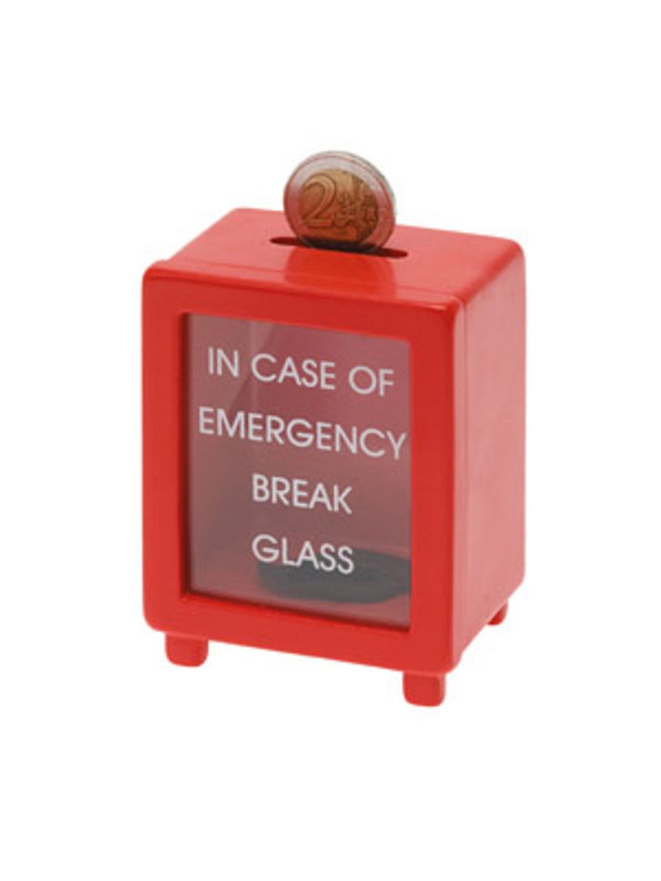 "In Case Of Emergency Break Glass." Eine Spardose im Feueralarm-Design für deinen ganz persönlichen finanziellen Notfall. Um neun Euro bei Bertine.