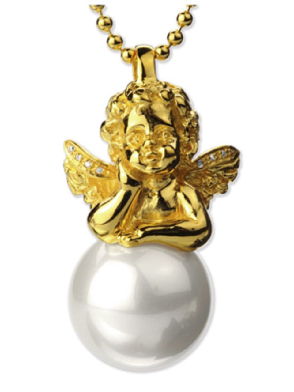 Goldkette mit Engelchen und Perle von Heartbreaker. Kette um 200 Euro, Anhänger um 55 Euro.
