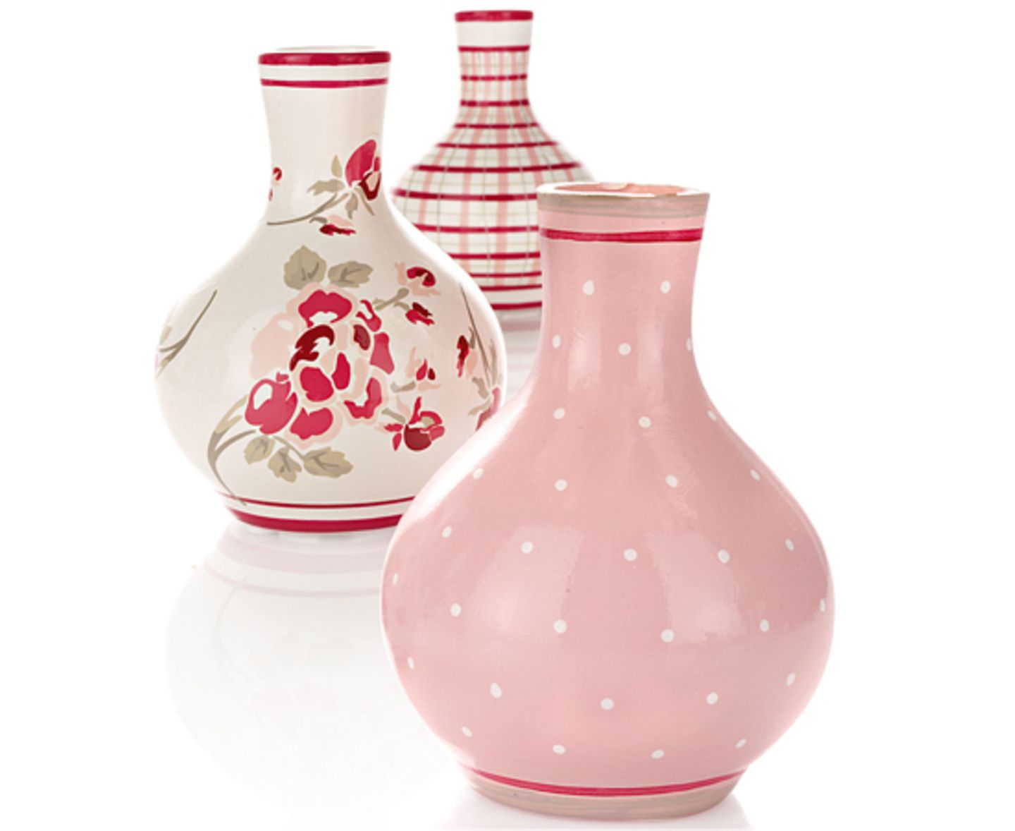 Set aus drei Vasen in verschiedenen Designs von Impressionen, um 15 Euro.