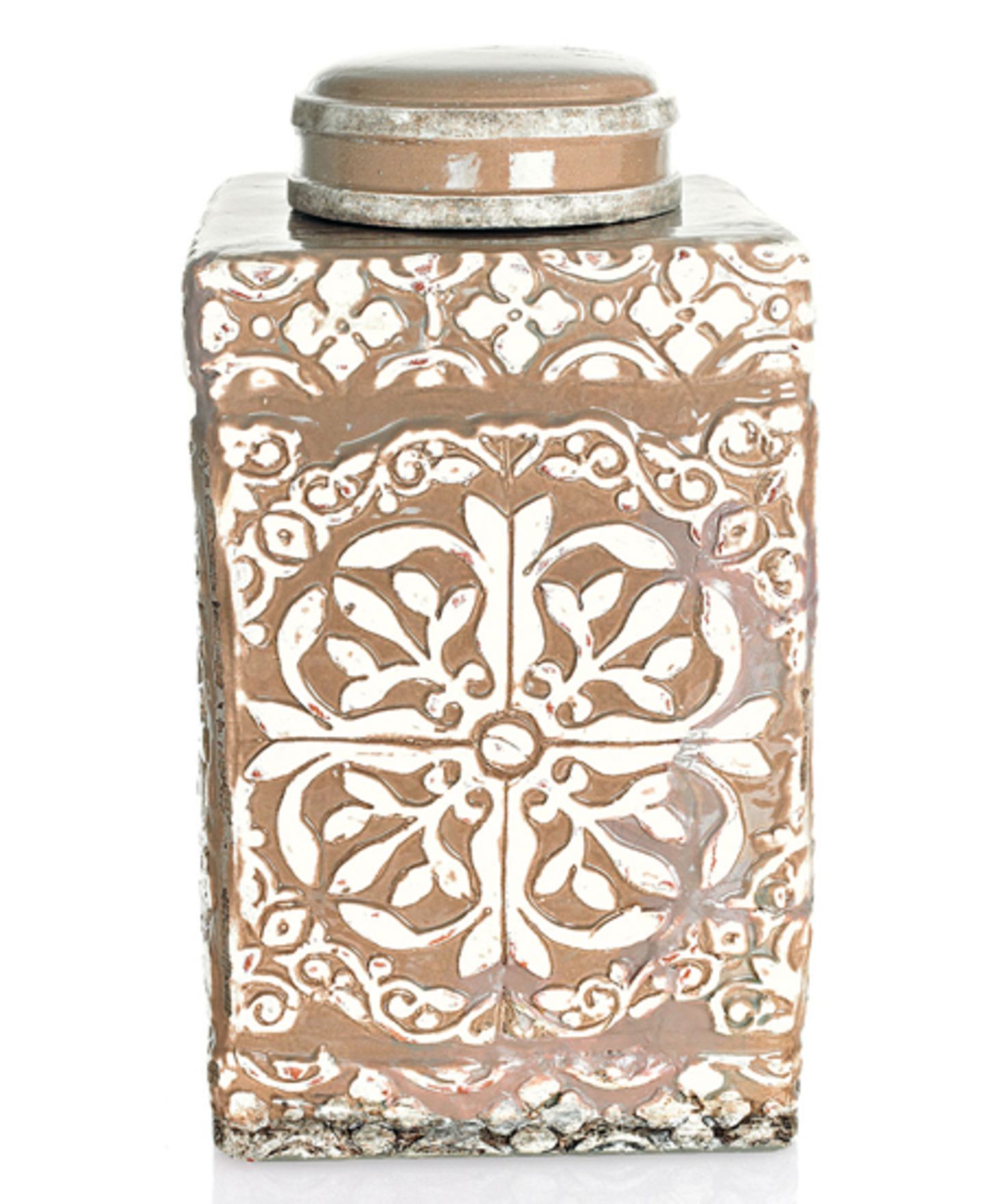 Hübsche Teedose im Antik-Look mit ornamentalem Muster von Impressionen, um 50 Euro.