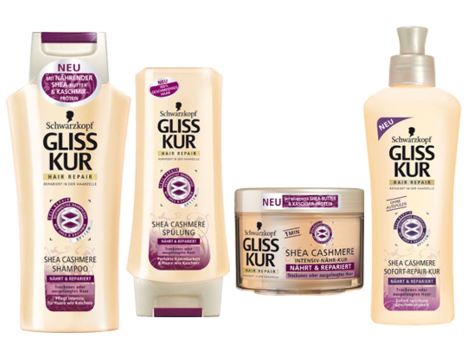 GLISS KUR - Gliss Kur Shea Cashmere Gliss Kur lanciert die neue Haarpflege-Linie "Gliss Kur Shea Cashmere". Shea-Butter repariert trockenes Haar tiefenwirksam und versorgt es mit aufbauenden Pflegestoffen. Die Linie besteht aus Shampoo (ca. 3 Euro), Spülung (ca. 3 Euro), Sofort-Repair-Kur (ca. 5 Euro) und Intensiv-Nähr-Kur (ca. 6 Euro).
