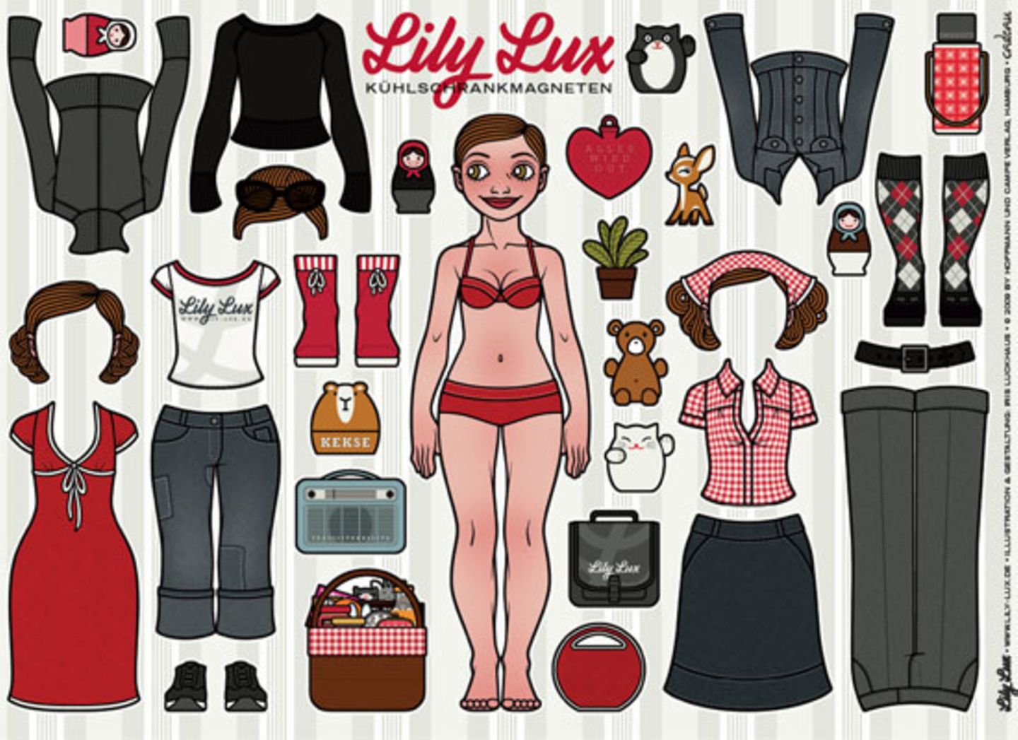 Mädchenspielzeug für Frauen    Wer ist Lily Lux? Nun, sie ist ein Mädchen, das das Leben liebt und gerne Sachen erfindet. Feiertage, Sehenswürdigkeiten, ganz egal! Sich selbst erfindet sie am allerliebsten - und das jeden Tag neu. Lily begeistert sich für Zufälle, Wunder, Problemzonen und Komplimente. Auf ihrer Website, der wunderbaren Welt der Lily Lux, könnt ihr Neuigkeiten, Geschenke, Icons, Spiele und Grußkarten entdecken. Ein Traum für alle kleinen Mädchen jenseits der 25, die einfach nicht erwachsen werden wollen. Und sooooo süß! Mit den Magneten für den Kühlschrank könnt ihr Lily je nach Tageslaune stylen. Spaßfaktor: HOCH!     Iris Luckhaus und Matthias Klesse "Die wunderbare Welt der Lily Lux" Cadeau bei Hoffmann & Campe 64 Seiten, Pappband, durchgehend farbig illustriert 14,95 EUR ISBN: 978-3-455-38053-8