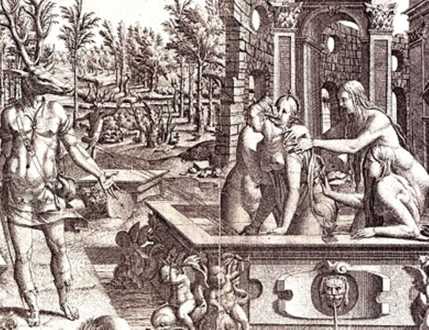 Jean Mignon (nach Lucca Penni): Die Verwandlung des Aktaion (16. Jahrhundert), Radierung