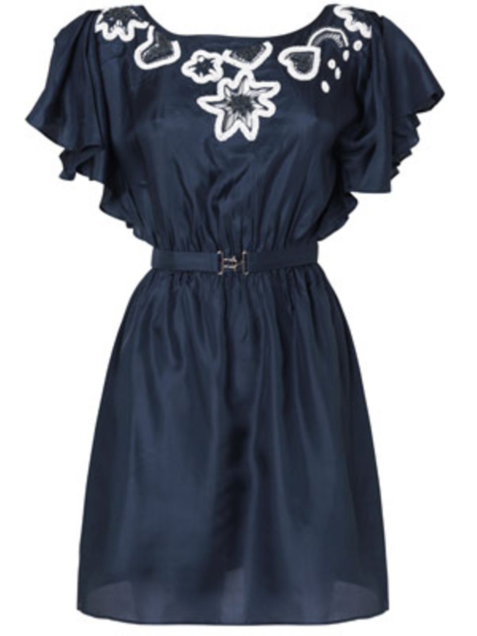 Dunkelblaues Kleid mit Gürtel in der Taille, Fledermausarm und Stickerei von Lipsy, um 90 Euro.