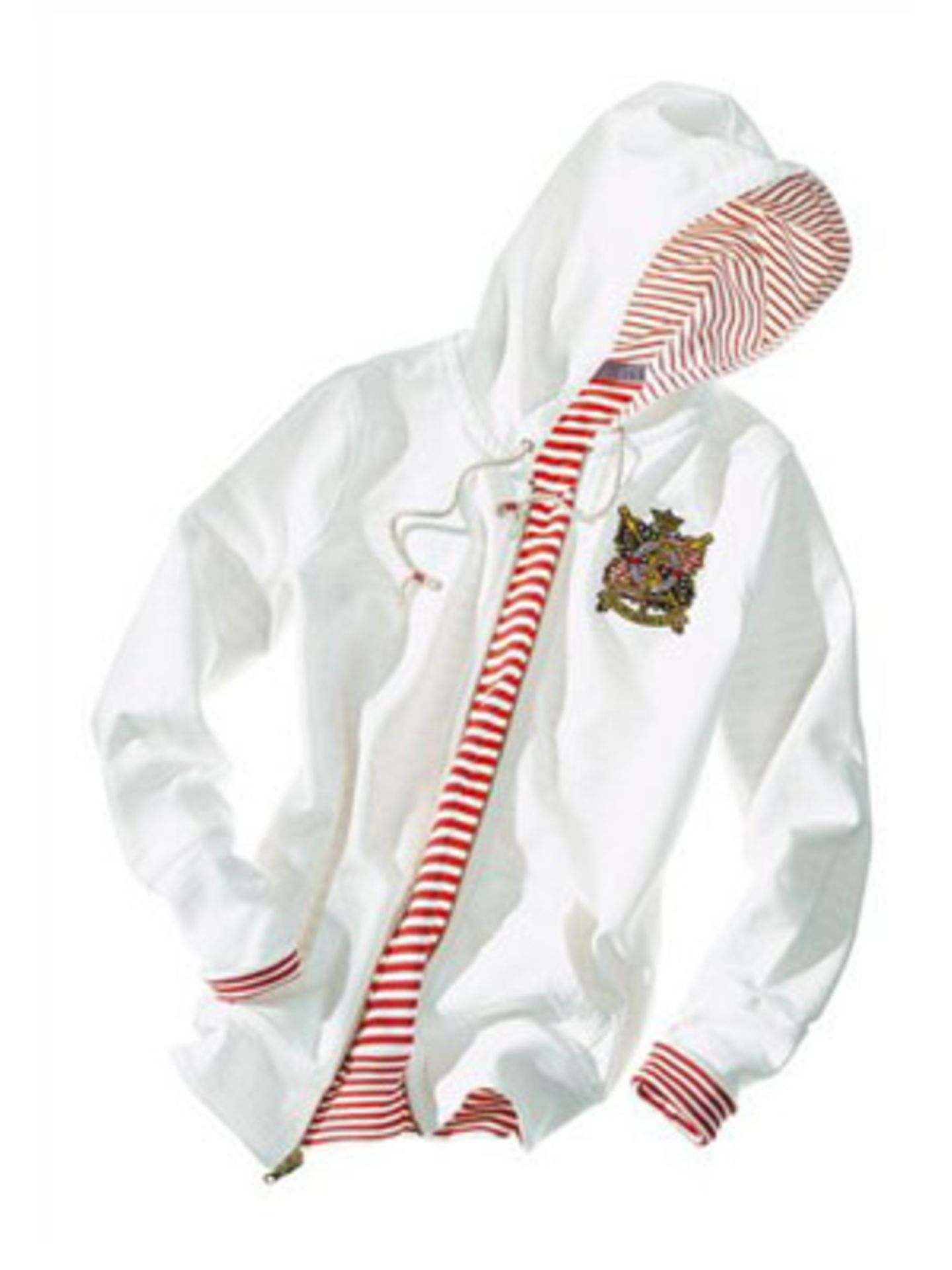 Kapuzen-Pullover mit Stickerei und geringeltem Innenfutter von Ralph Lauren, um 129 Euro. Über www.brandneu.de.