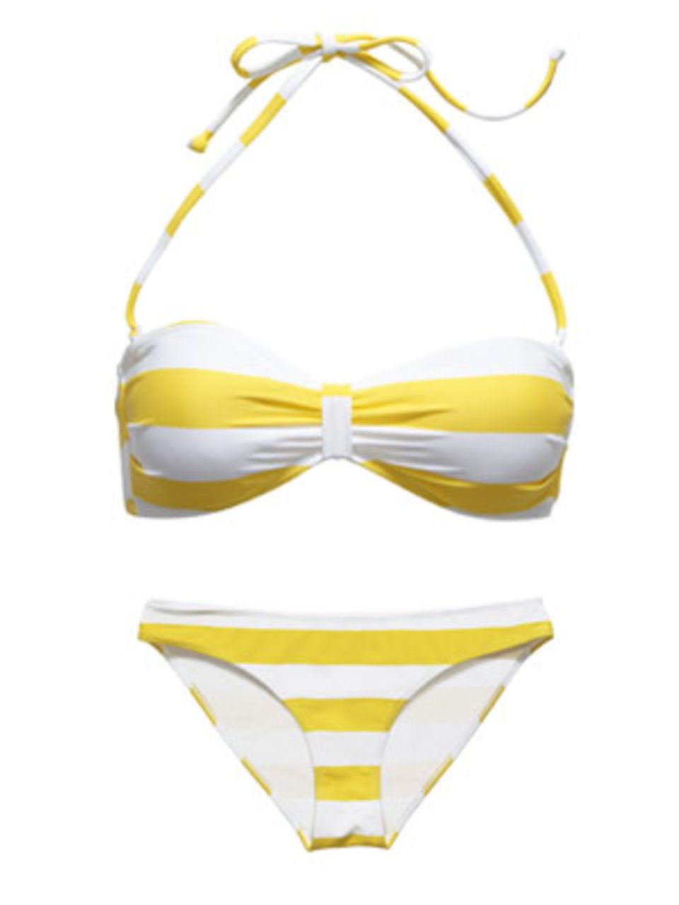 Bandeau-Bikinitop und Hipster mit gelben Streifen. Beides von H&M, je um 10 Euro.