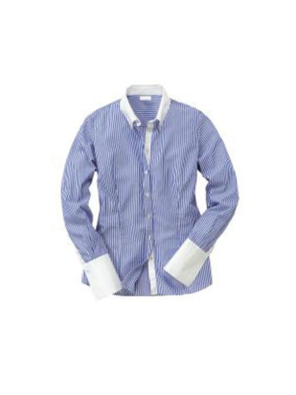 Klassische Bluse mit feinen blauen Streifen zu weißem Kragen und Armbündchen von Pureday, um 80 Euro. Über www.conleys.de.