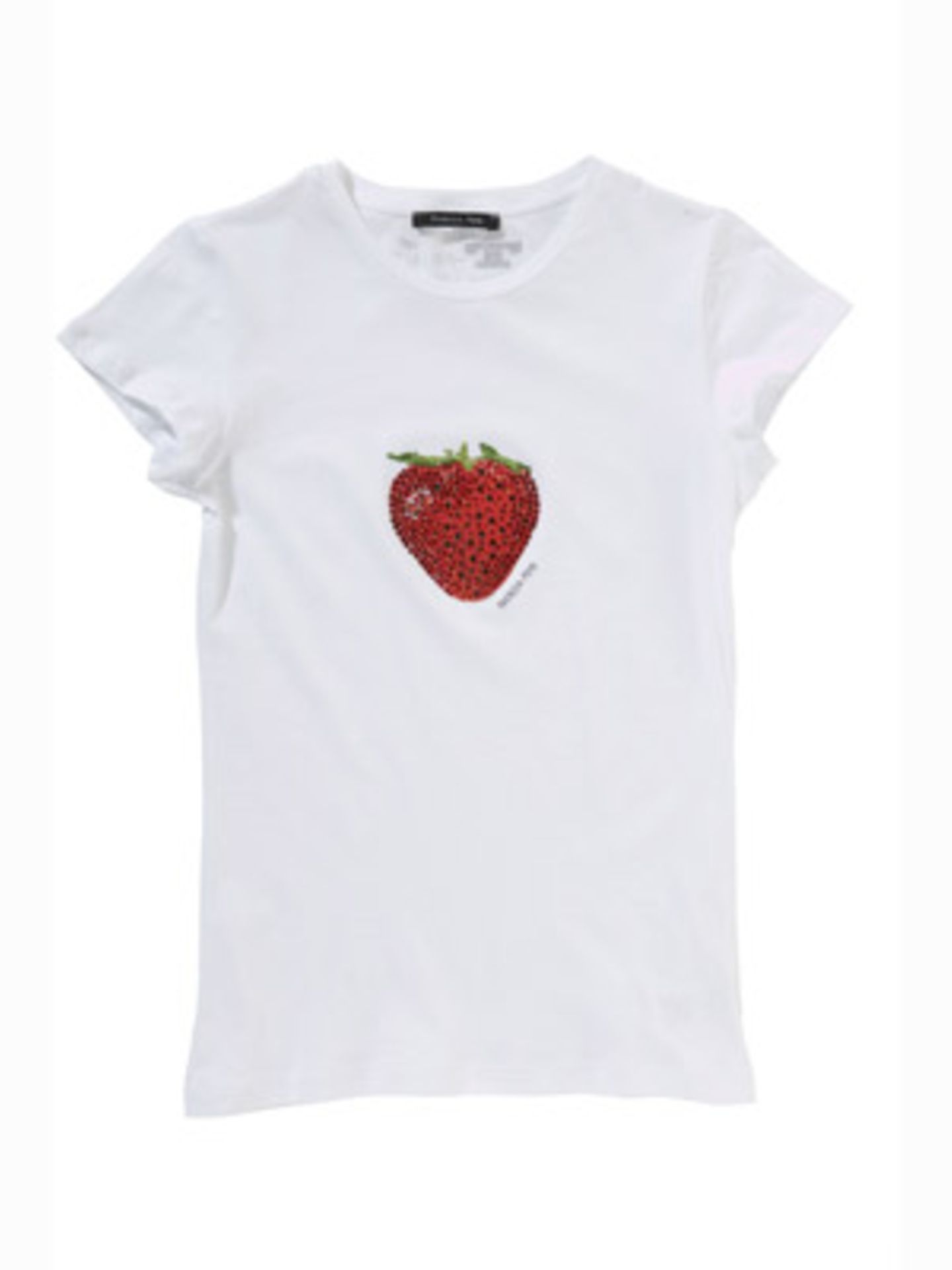 T-Shirt mit Erdbeere in Herzform aus Strasssteinen von Patrizia Pepe, um 80 Euro.
