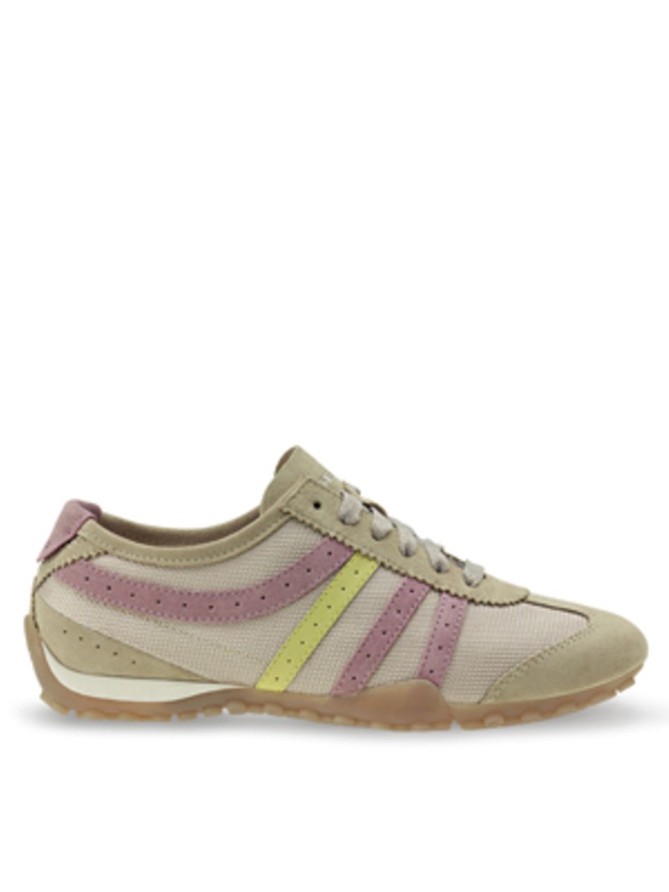 Sneaker mit roséfarbenen und gelben Streifen von Geox, um 84,90 Euro.