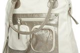 Glitzer-Tasche mit Reißverschluss und zwei Außentaschen mit Quasten, Schlangenlederprofil, von Promod, 24,90 Euro
