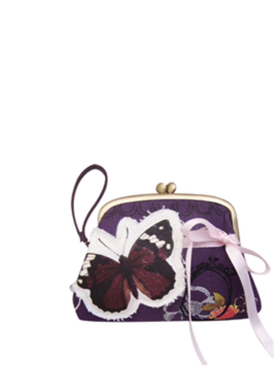 Kleine Unterarmtasche in Violett mit Schmetterlings-Print von www.bertine.de, um 26 Euro.