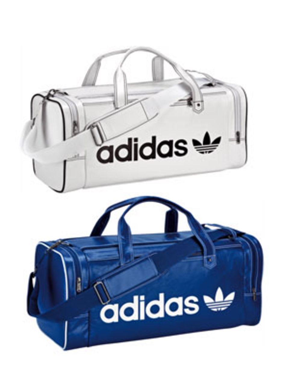 Sportlich-schicker Klassiker: Reisetasche von Adidas Originals aus Leder, hier in Blau und in Weiß. Auch in Schwarz und Rot erhältlich. Je um 75 Euro.