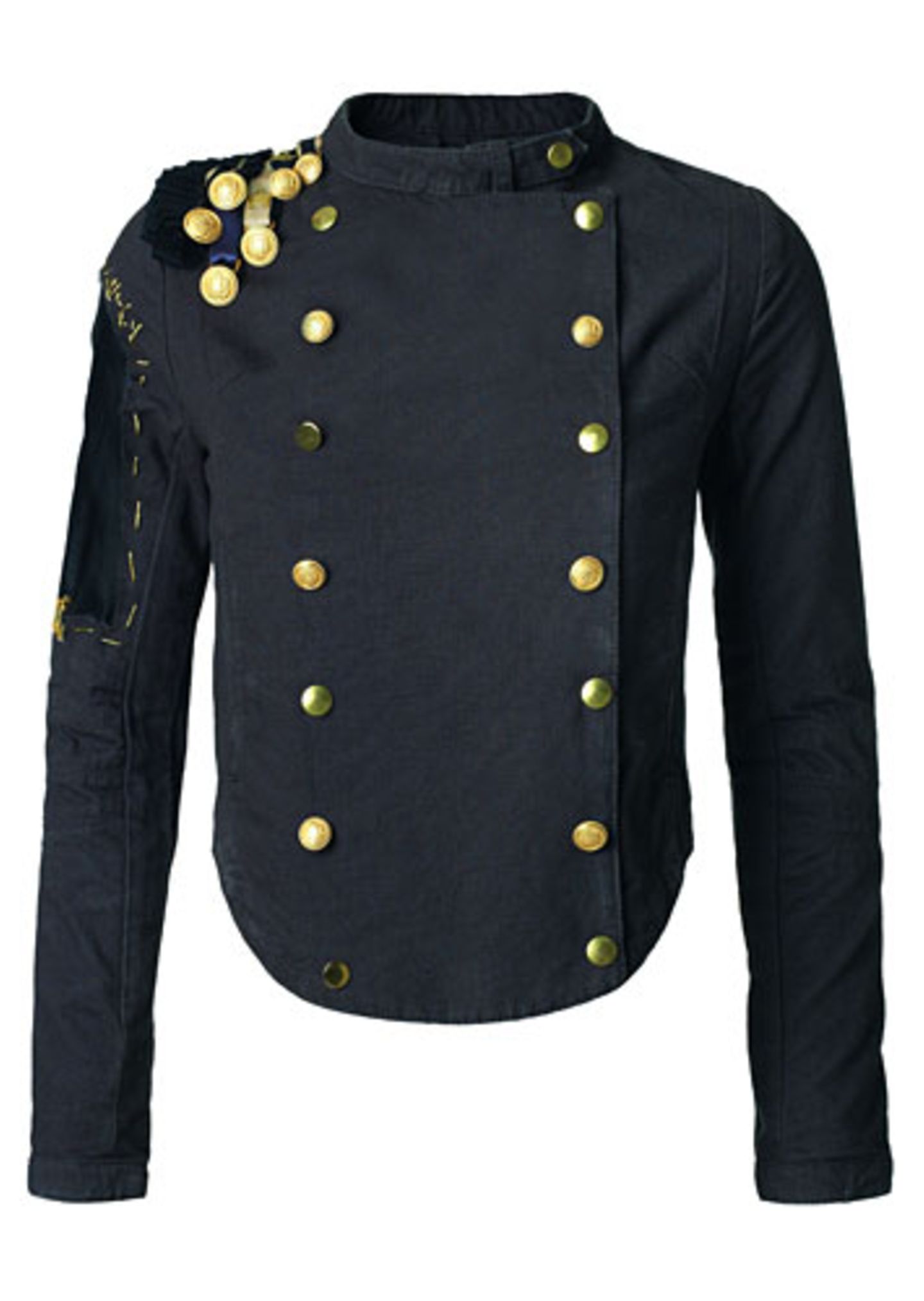 Kurzjacke mit kleinem Stehkragen, Doppelknopfreihe und diversen Abzeichen in Gold auf der Schulter von Bllack Noir, um 220 Euro.