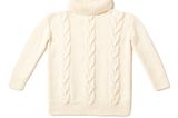 Wollig-weich, weiß und weit: Der Zopfpullover mit Kragen hat ein lockeres Maschenbild und Zöpfe vorn und hinten. Die Ärmel stricken Sie glatt links.