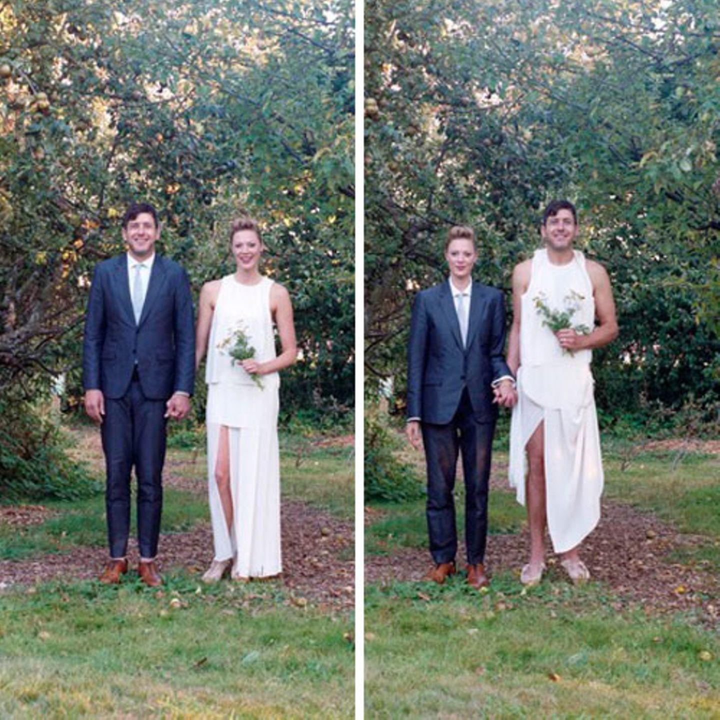 Wir gehören zusammen: Sich in der Kleidung des anderen fotografieren zu lassen, drückt auch Verbundenheit aus. Bei diesem fröhlichen Brautpaar wird das besonders deutlich.