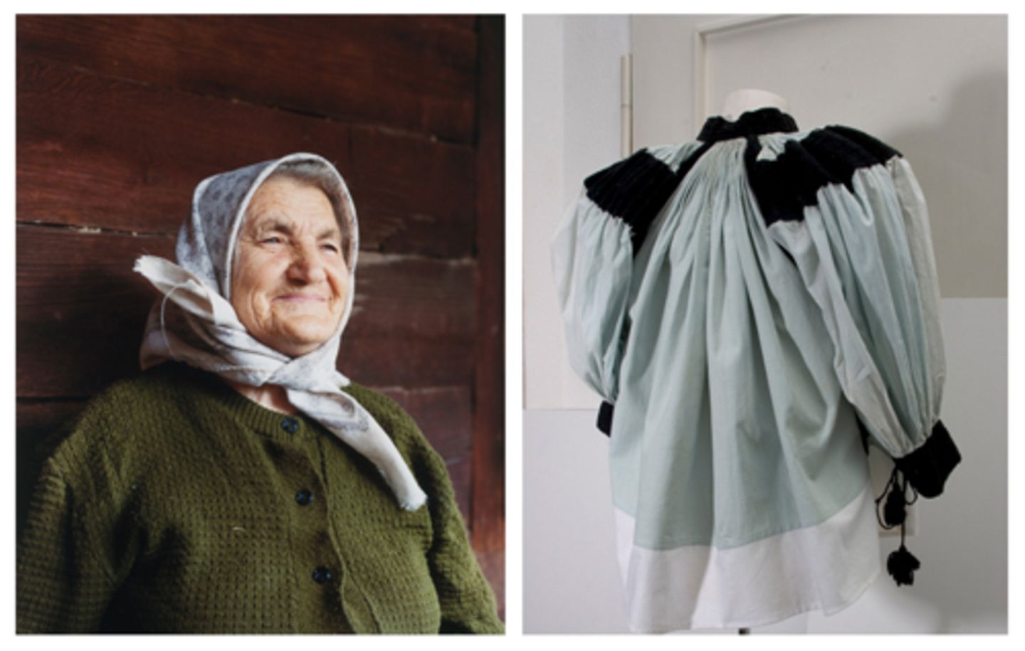 Links: Rumänische Frau aus Maramures, Sighetu Marmatiei. Rechts: Ungarische Bluse aus Kalotaszeg, Transilvanien.