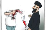 Der niederländische Zeichner Joep Bertrams wählte ein blutiges Motiv, um zu zeigen, dass sich "Charlie Hebdo" auch von Gewalt nicht stoppen lässt.
