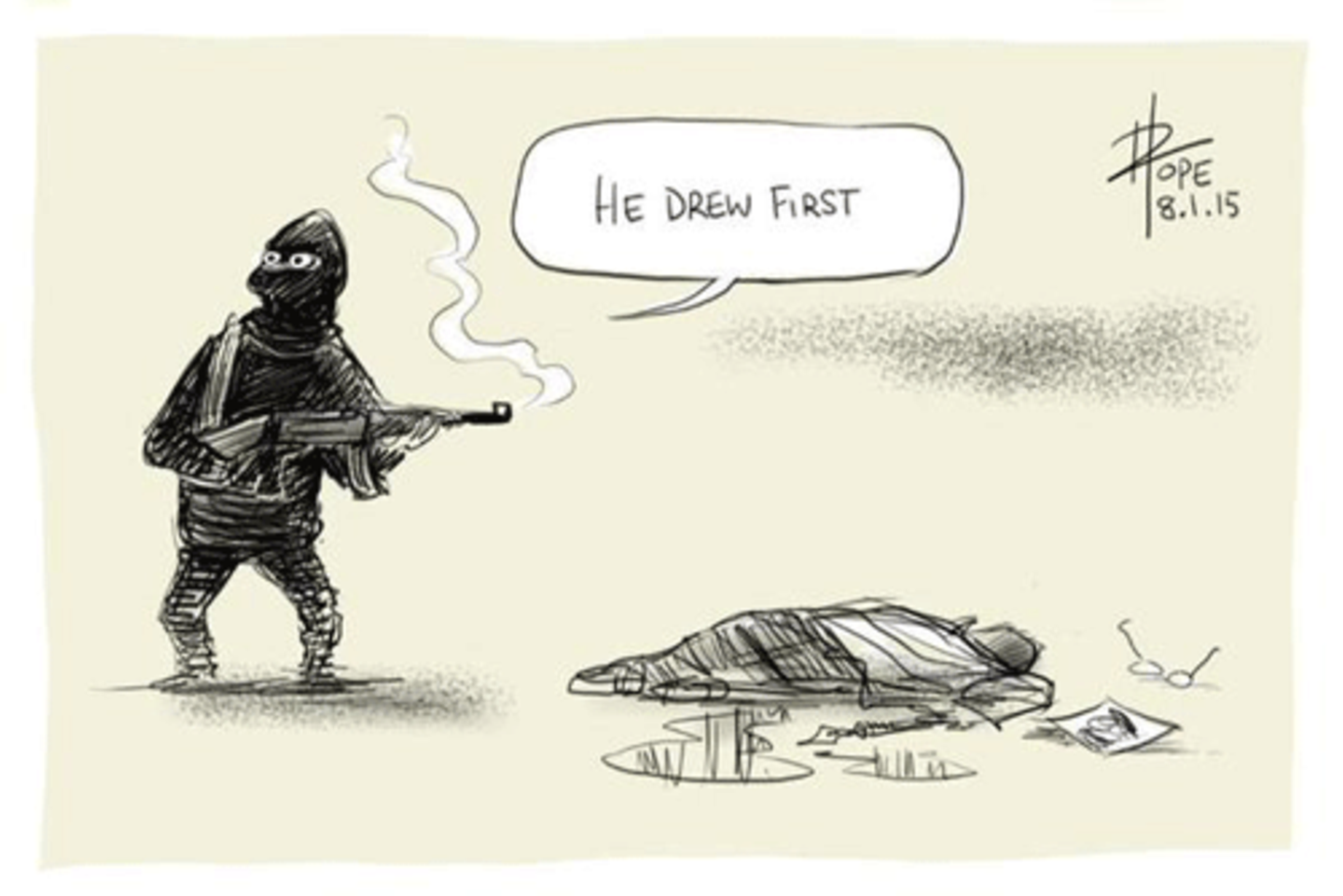 Der australische Comiczeichner David Pope schrieb zu seinem Bild, das er via Twitter teilte: "Ich kann nicht schlafen, meine Gedanken sind mit meinen französischen Kollegen und ihren Familien." In seinem Motiv spielt er mit der Doppeldeutigkeit des Verbs "to draw", das nicht nur "zeichnen" bedeutet. "to draw the gun" heißt auf Deutsch "die Waffe ziehen".