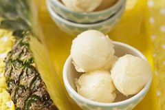 Ananas-Fruchtfleisch, Orangensaft und Zitronensaft - beim Ananas-Sorbet spielen Früchte die Hauptrolle. Hmmmmmm, schmeckt das ananasig! Zum Rezept: Ananas-Sorbet Ananas-Fruchtfleisch, Orangensaft und Zitronensaft - beim Ananas-Sorbet spielen Früchte die Hauptrolle. Hmmmmmm, schmeckt das ananasig! Zum Rezept: Ananas-Sorbet