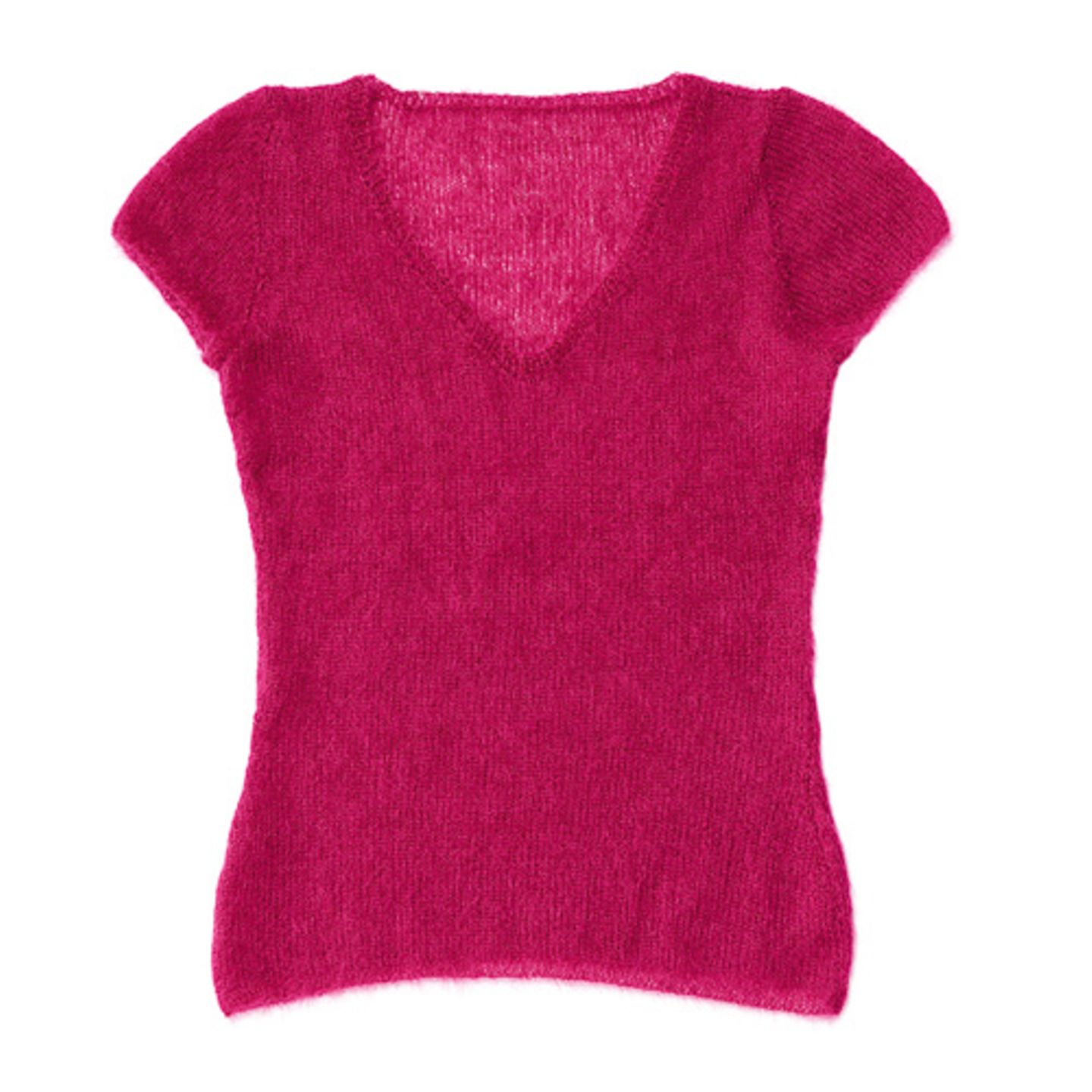 Herrlich weich und herrlich einfach: Der Kurzarmpullover aus pinkfarbener Mohairwolle wird nur glatt rechts gestrickt. Da das Material ganz fein ist, sollten Sie dennoch ein bisschen Zeit für das flauschige Stück einplanen. Zur Strickanleitung: Mohairpullover mit kurzen Ärmeln