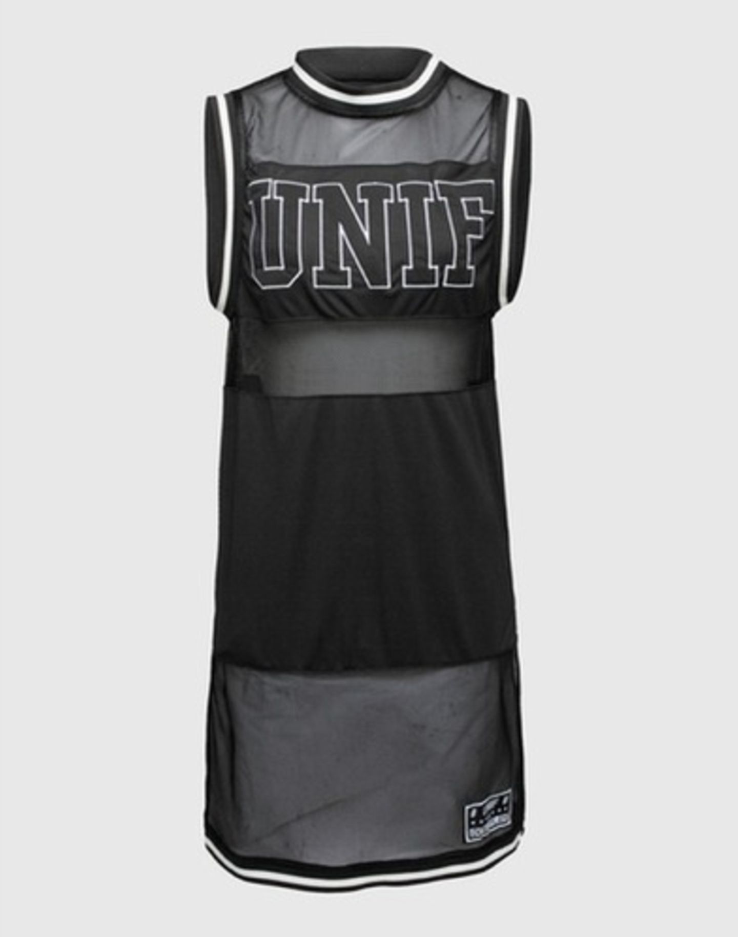 Schwarzes Kleid mit transparenten und blickdichten Teilen, seitlich geschlitzt von Unif über Edited, rund 55 Euro.