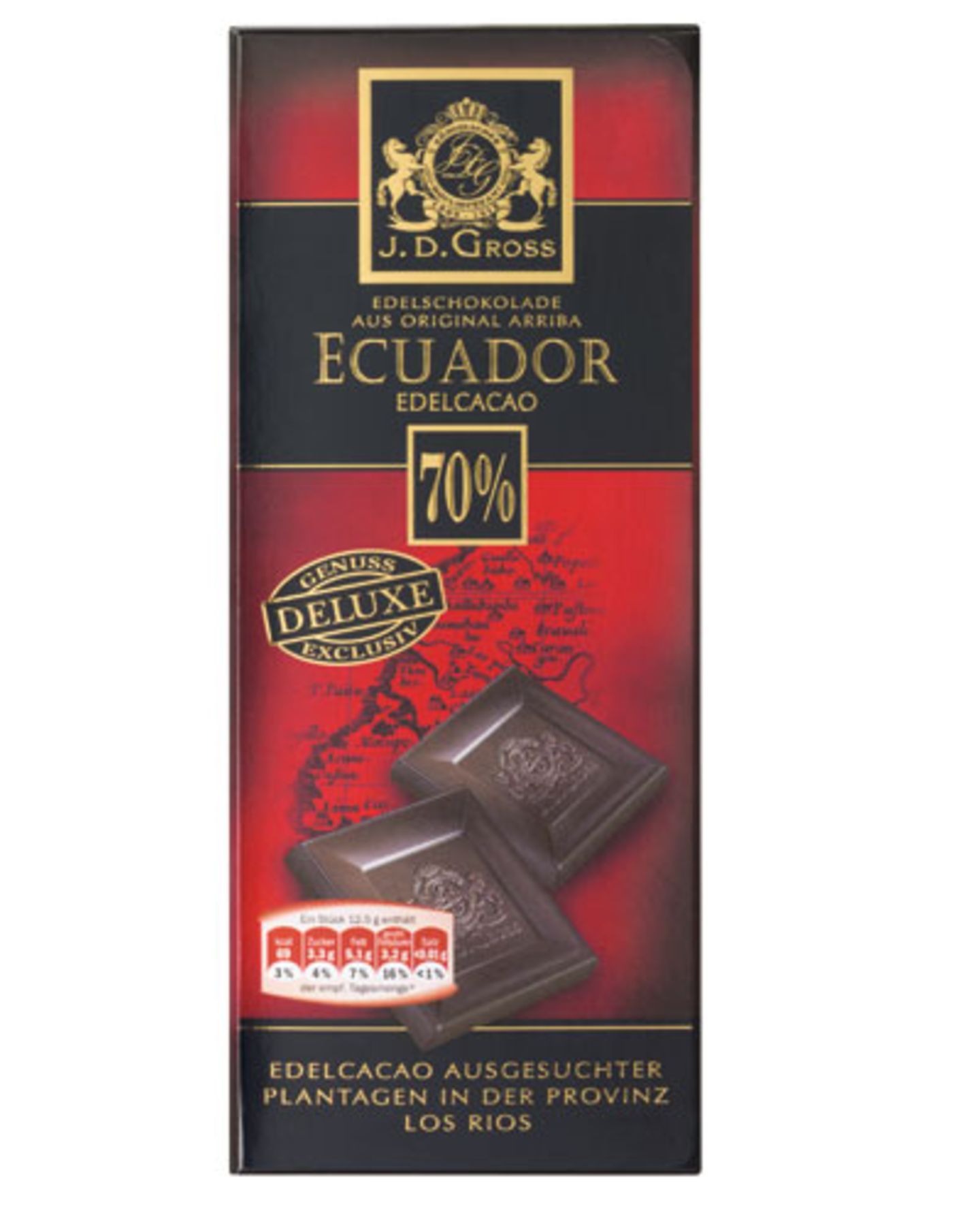 Platz 3: J.D. Gross (über Lidl), Ecuador Edelcacao (70 Prozent) Preis pro 100 Gramm: 0,76 Euro Bewertung: süß, eher weich-schmelzend bis klebrig, mit Vanillenote