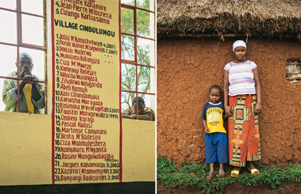 Links: Die Namen der Rebellenopfer an einer Wand im Dorf Kaniola | Rechts: Cinog'erwa M'lwakasi und ihr Sohn Daniel. Auch sie wurde verschleppt, einer der Rebellen erklärte sie zu seiner Frau. Nach 8 Monaten konnte sie fliehen und hatte Glück: Sie fand einen Mann, der sie heiratete, obwohl sie von ihrem Vergewaltiger ein Kind hat.