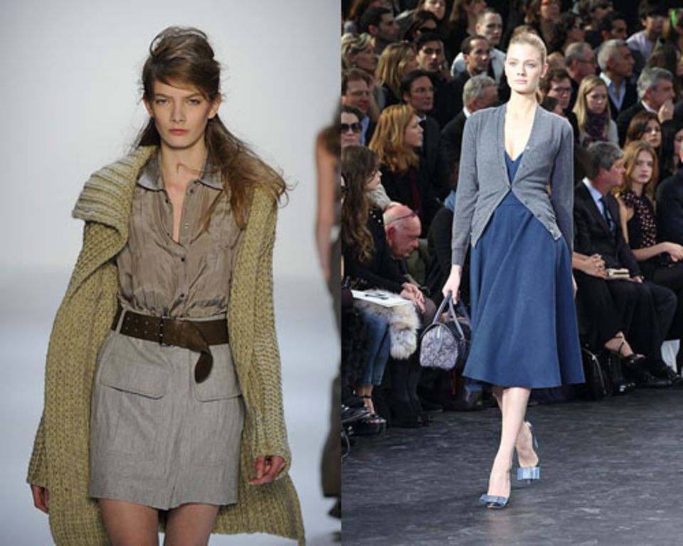 Grobstrick kommt: Der Look von Strenesse Blue (links). Cardigan bleibt: Hier bei Louis Vuitton.